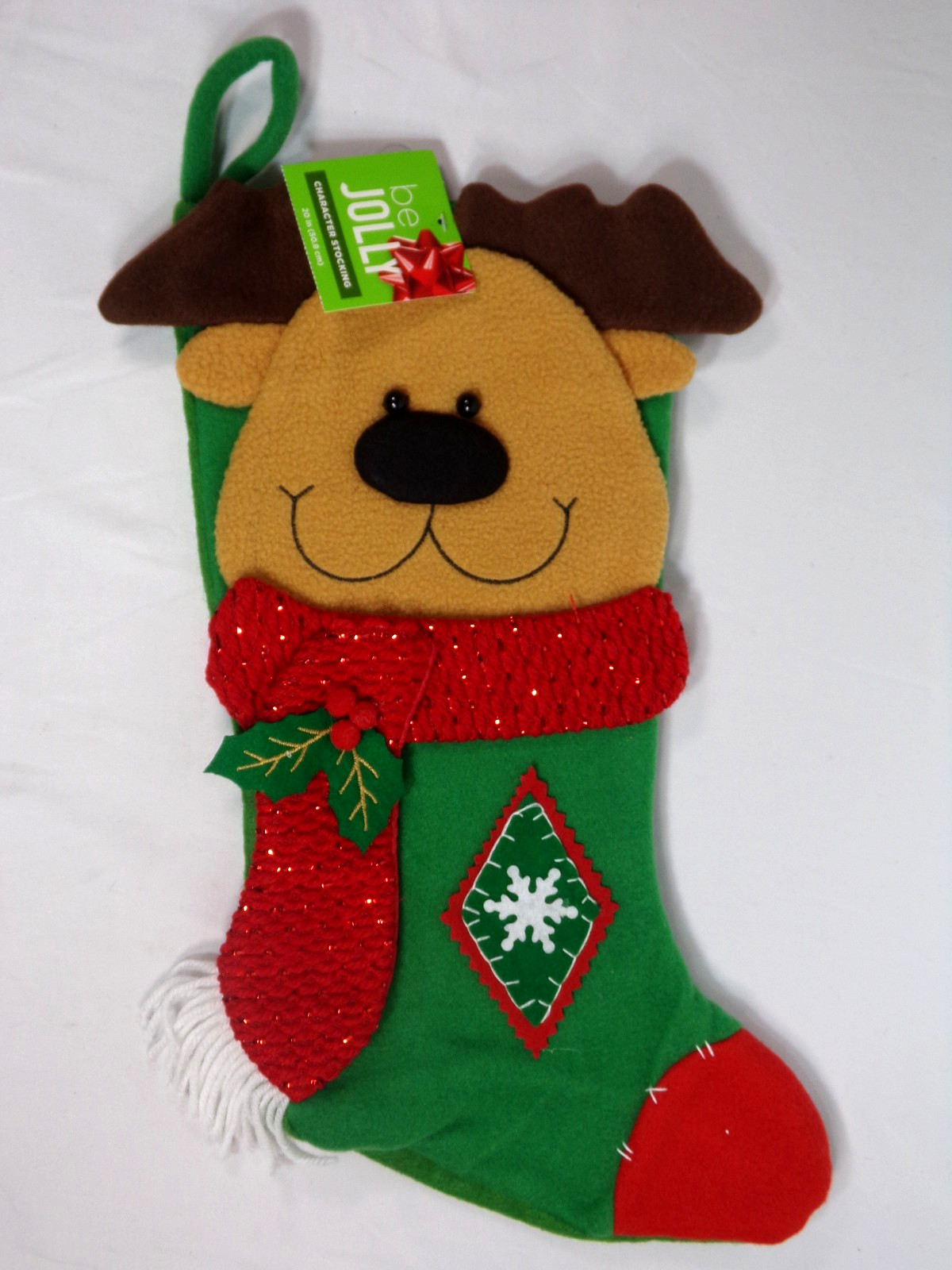 BE JOLLY GREEN FELT w/ PLUSH REINDEER FACE CHRISTMAS STOCKING NEW BE JOLLY GREEN FELT w/ PLUSH REINDEER FACE CHRISTMAS STOCKING NEW