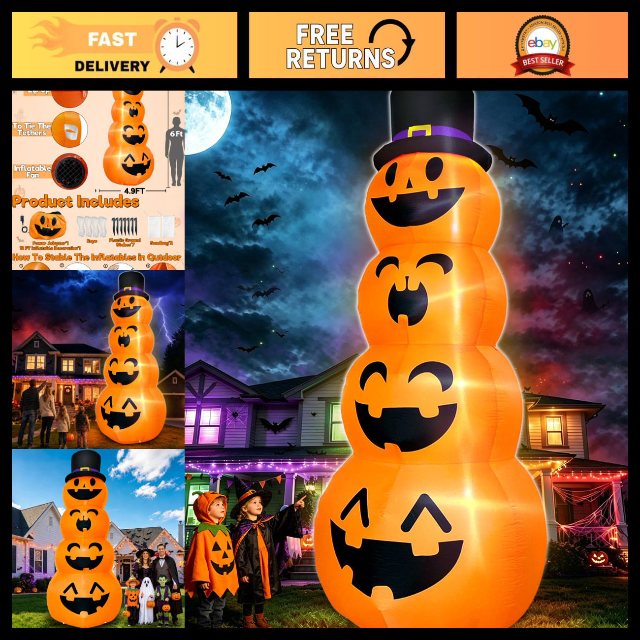 12FT Giant Witch Pumpkin Inflatable Halloween Decoration for Outdoor Yard Displa 12FT Giant Witch Pumpkin Inflatable Halloween Decoration for Outdoor Yard Displa
