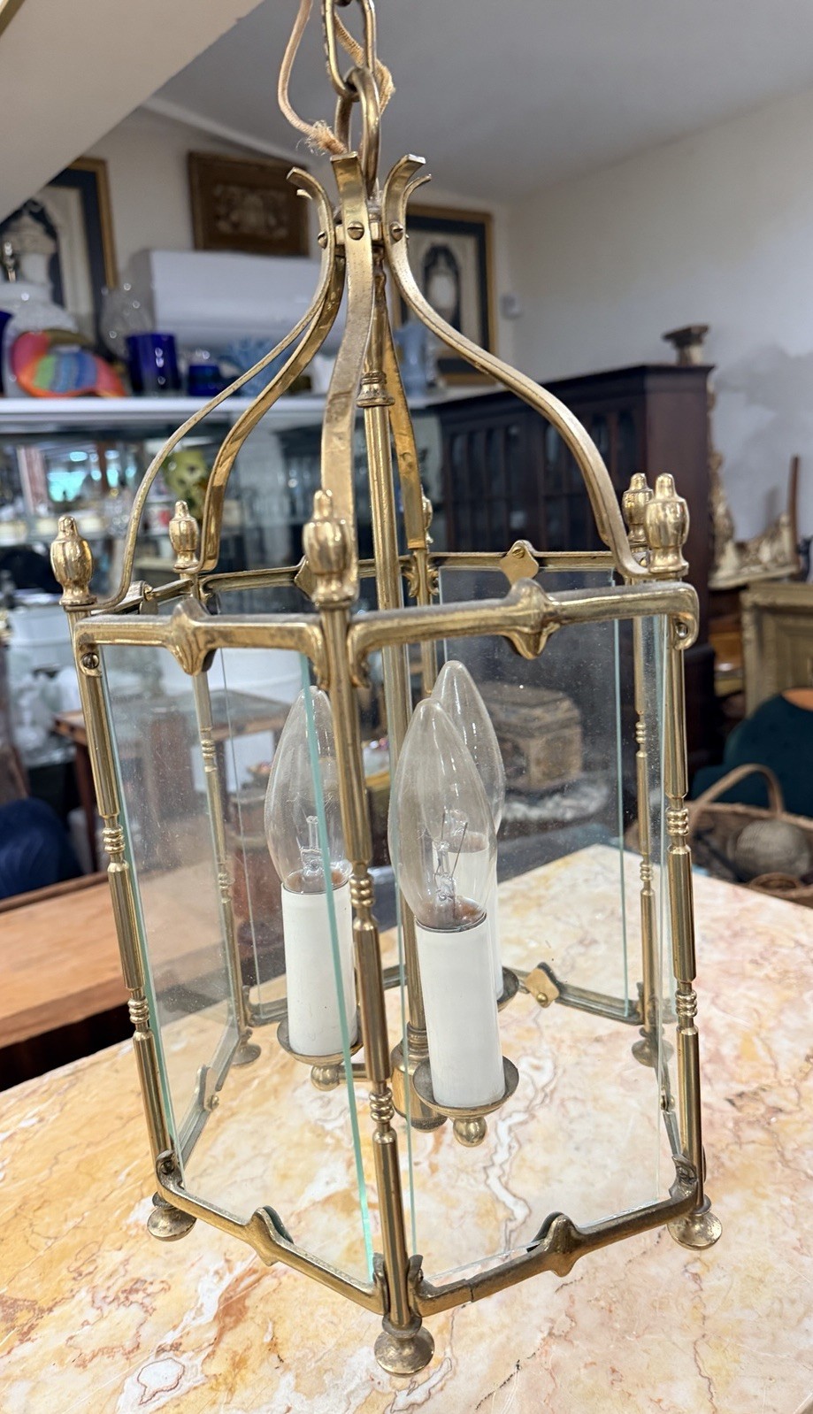 Vintage Hexagonal Brass and Glass Hall Lantern Vintage Hexagonal Brass and Glass Hall Lantern