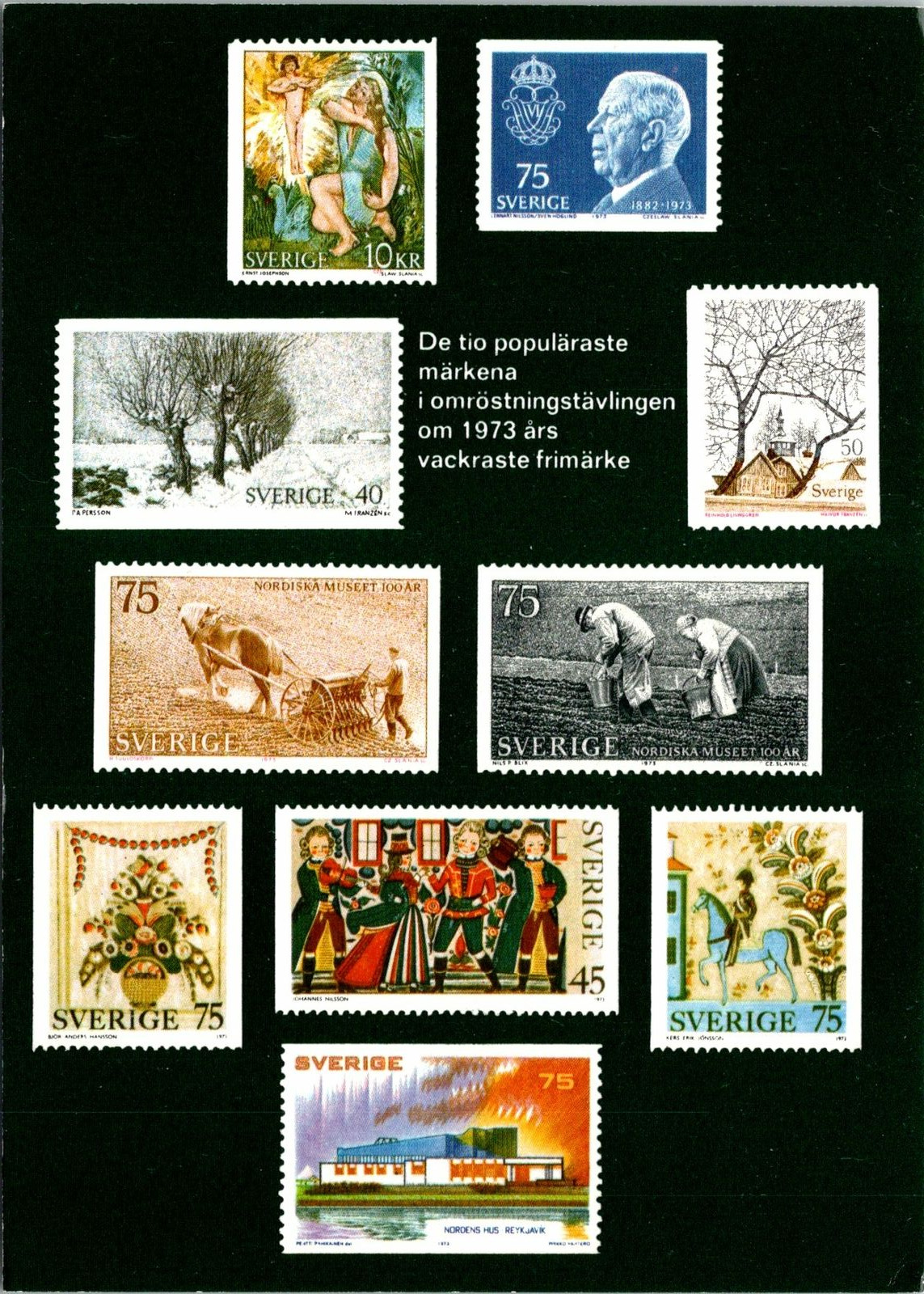 CONTINENTAL SIZE POSTCARD THE TEN MOST POPULAR AND BEAUTIFUL SWEDISH STAMPS 1973