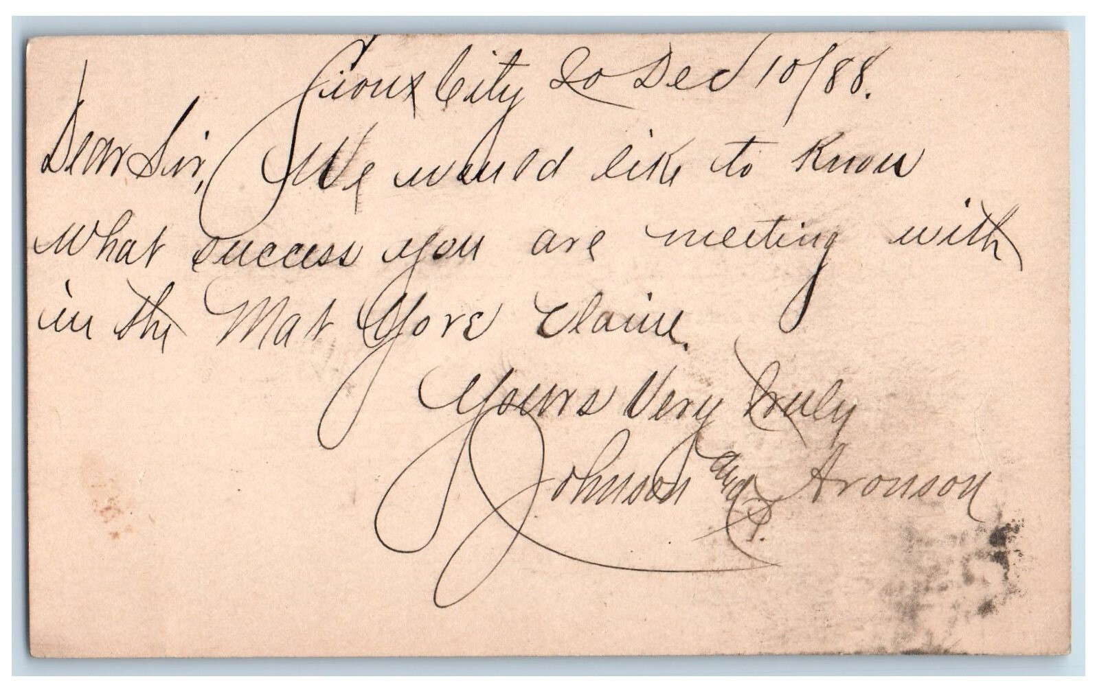 c1880's Meeting Letter Johnson and Arouson Sioux City Iowa Postal Card c1880's Meeting Letter Johnson and Arouson Sioux City Iowa Postal Card
