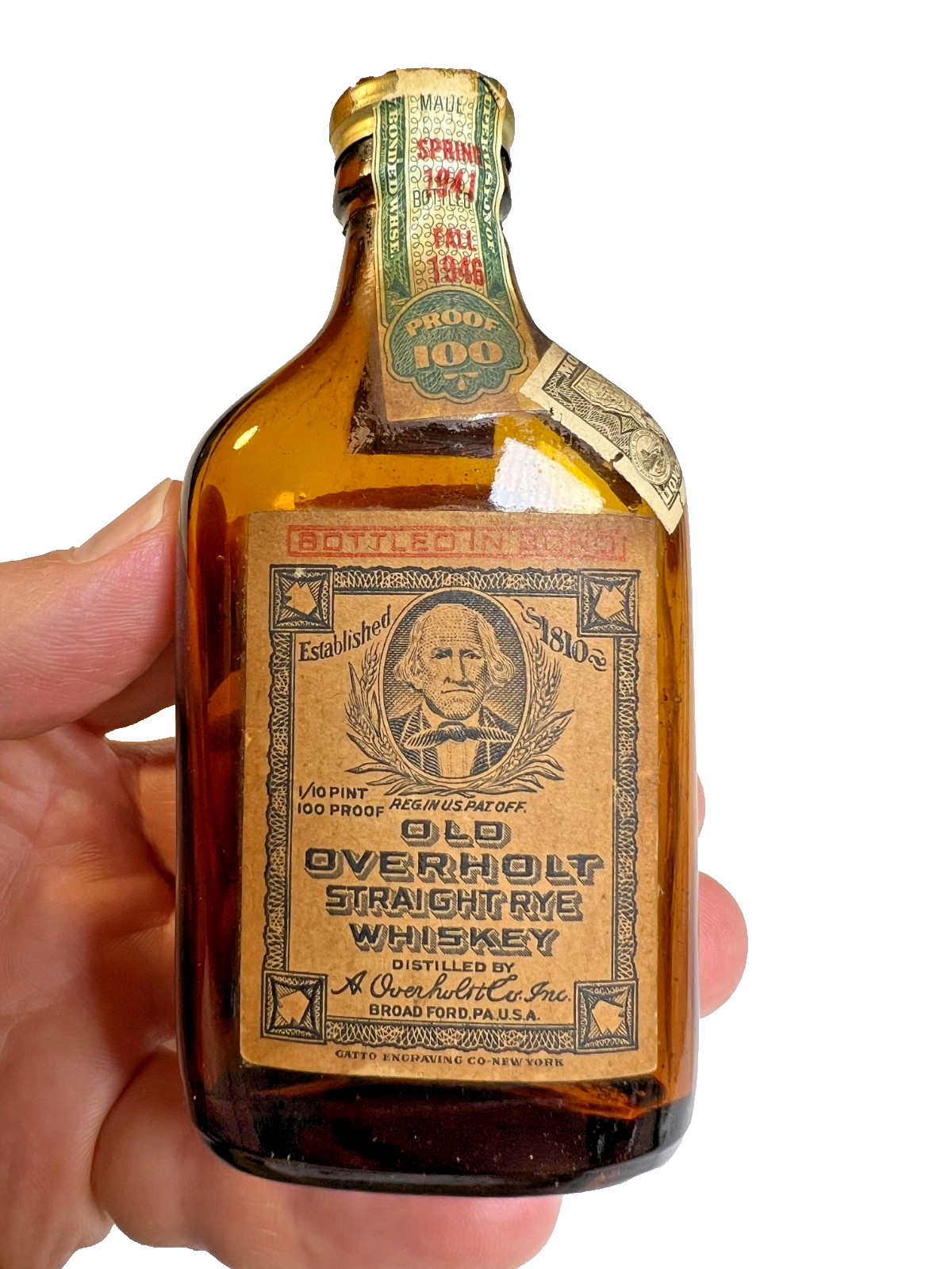 1937 Overholt Straight Rye Whiskey 1/10 Pint Bottle Bond Tax Seal Montana State 1937 Overholt Straight Rye Whiskey 1/10 Pint Bottle Bond Tax Seal Montana State