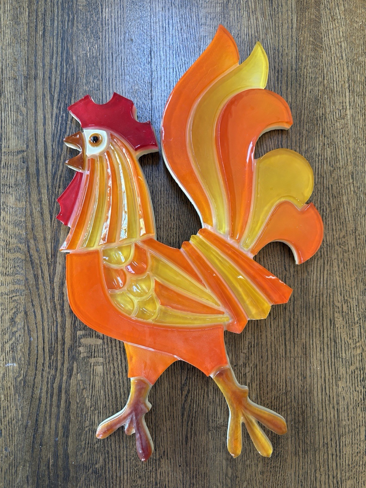 Vtg 1970s Wondermold Lucite Rooster Wall Plaque MCM Orange Yellow Red - 18" Vtg 1970s Wondermold Lucite Rooster Wall Plaque MCM Orange Yellow Red - 18"