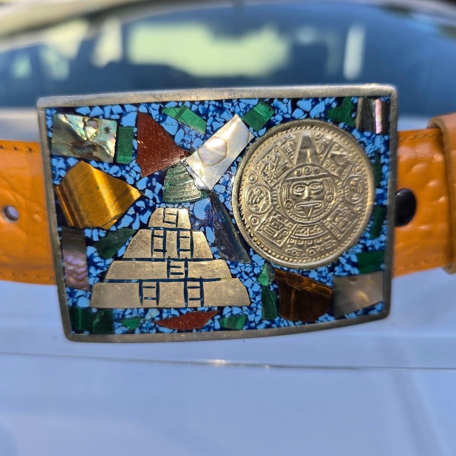 Vintage Sterling Silver 925 Belt Buckle Mexican Mosaic Inlay Aztec Pyramid Sz 40 Vintage Sterling Silver 925 Belt Buckle Mexican Mosaic Inlay Aztec Pyramid Sz 40