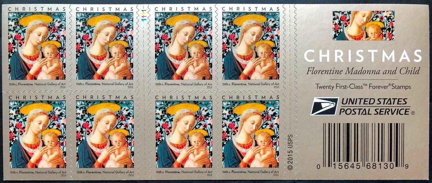 United States 2016 Florentine Madonna and Child Postage Booklet Stamps of 20 MNH