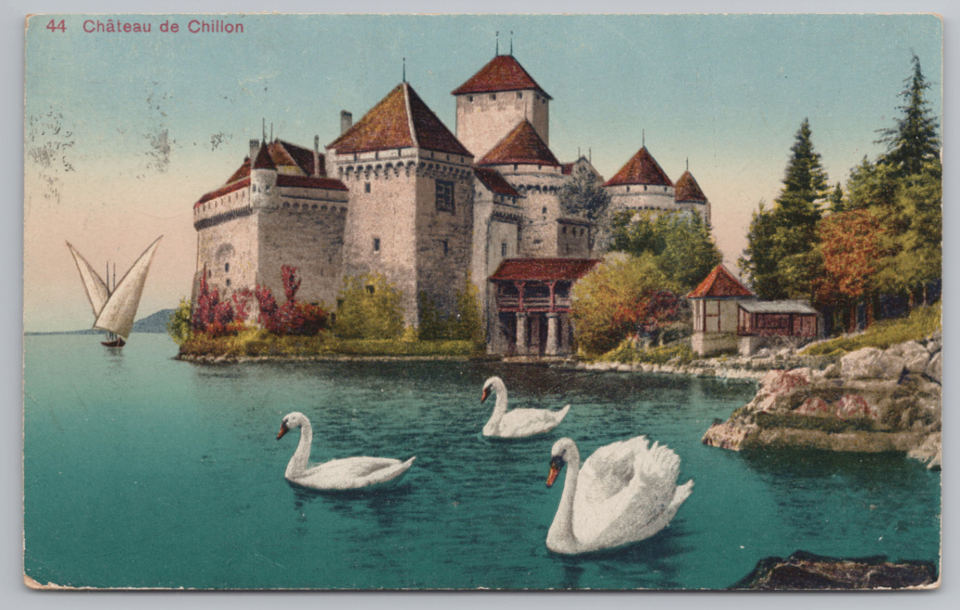 1921 Chateau de Chillon Switzerland Postcard Swans Lake Geneva Postmarked