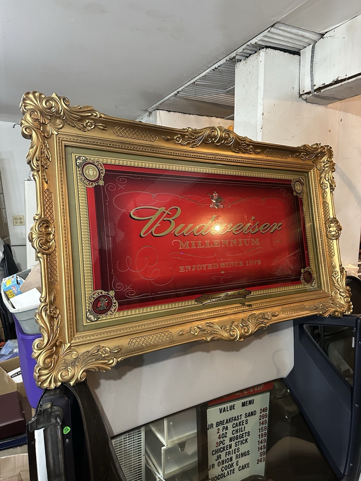 1999 Budweiser Millennium Lighted Bar Mirror Sign 58” Ornate Gold Frame RARE 1999 Budweiser Millennium Lighted Bar Mirror Sign 58” Ornate Gold Frame RARE