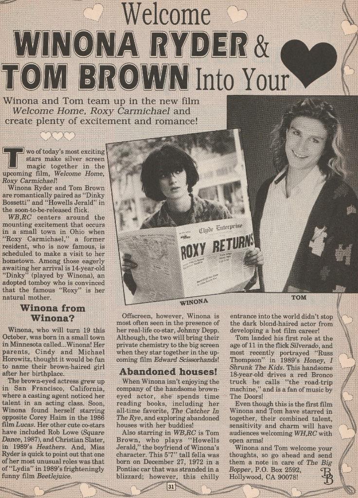 Winona Ryder Tom Brown Tom Cruise teen magazine magazine pinup clipping Bop