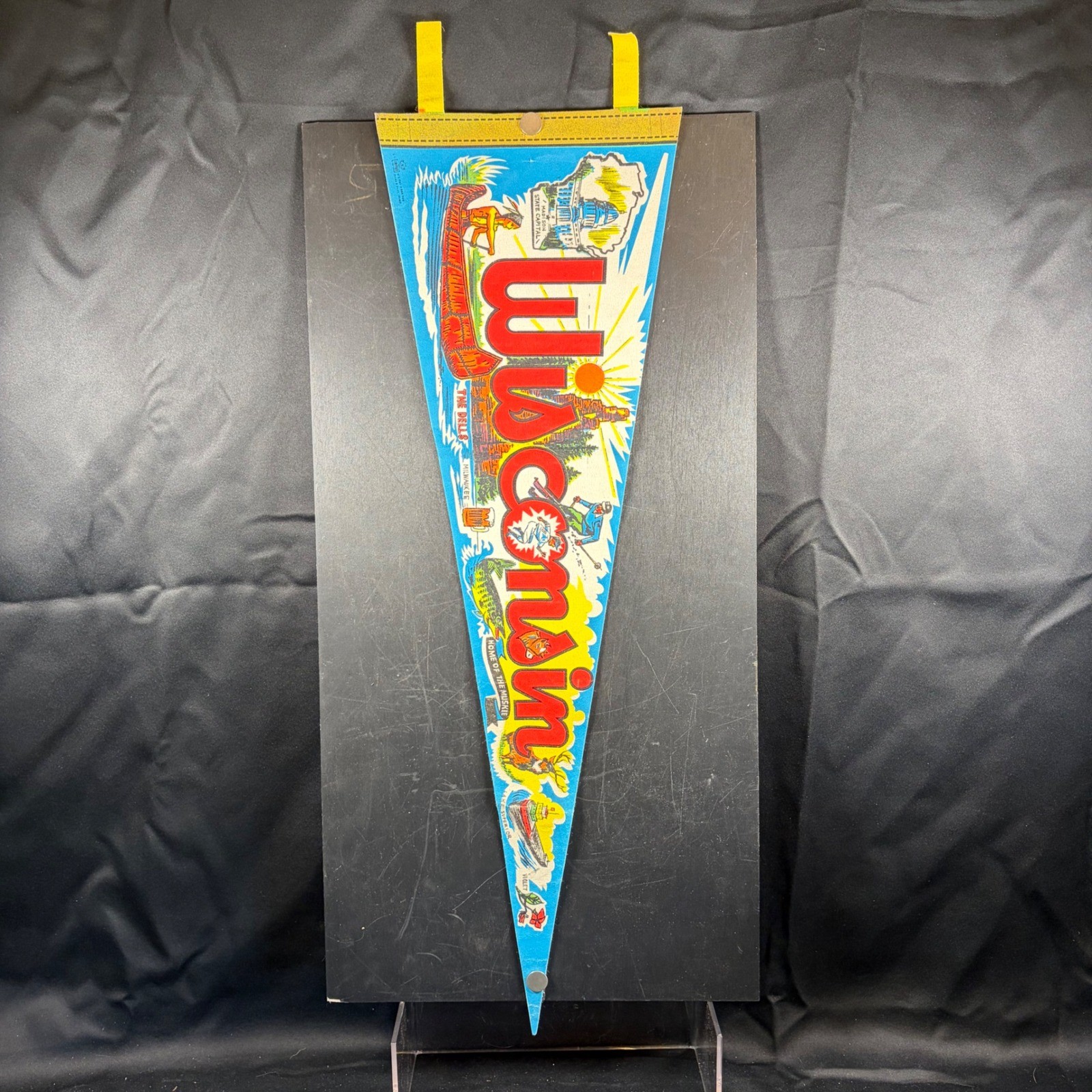 Impko Wisconsin Souvenir Pennant Felt Vintage 1960s State Landmarks Decor 26in Impko Wisconsin Souvenir Pennant Felt Vintage 1960s State Landmarks Decor 26in
