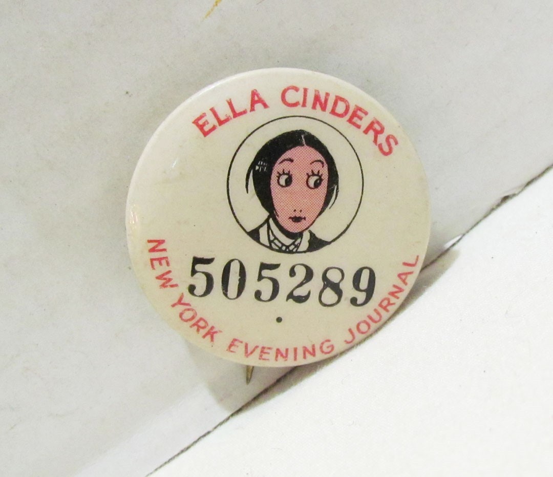 NEW YORK EVENING JOURNAL 1930's ELLA CINDERS COMIC CHARACTER PINBACK BUTTON NEW YORK EVENING JOURNAL 1930's ELLA CINDERS COMIC CHARACTER PINBACK BUTTON
