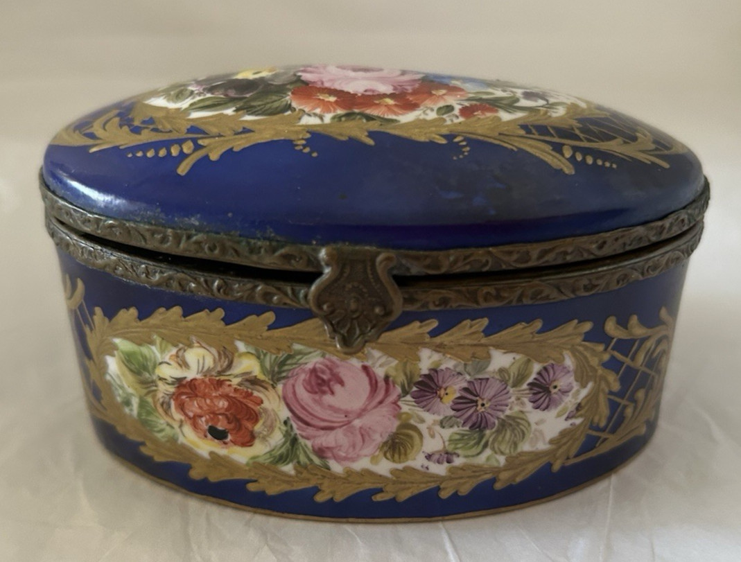 Antique French Cobalt Porcelain Trinket Box Hand Painted Dresser Box Sevres?