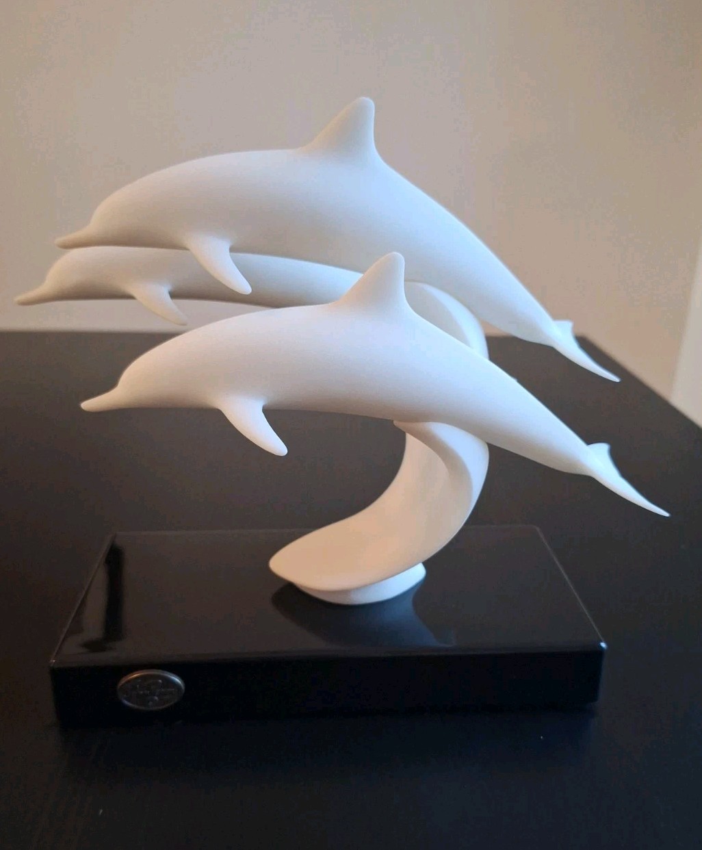 Vintage MCM John Perry 3 White Leaping Dolphin Sculpture Black Stand Vintage MCM John Perry 3 White Leaping Dolphin Sculpture Black Stand