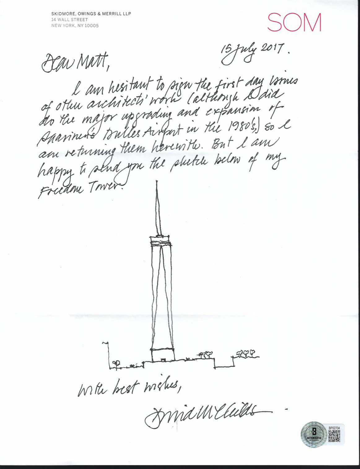David Childs signed letter w/sketch Beckett Authenticated Architect WTC David Childs signed letter w/sketch Beckett Authenticated Architect WTC