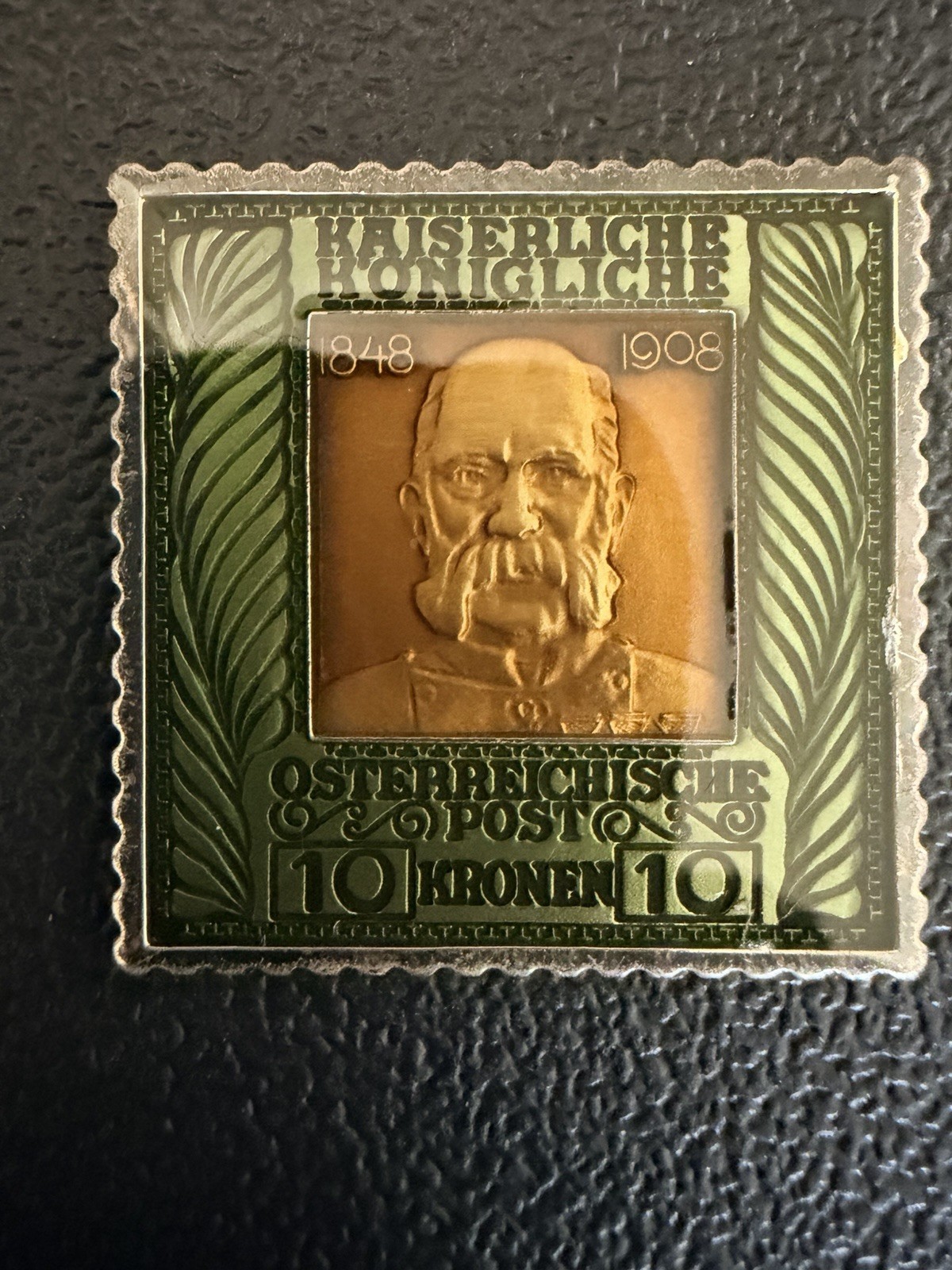 MC Enamel 1848-1908 Osterreichische Post 10 Kronen Sterling Silver Stamp Bar 