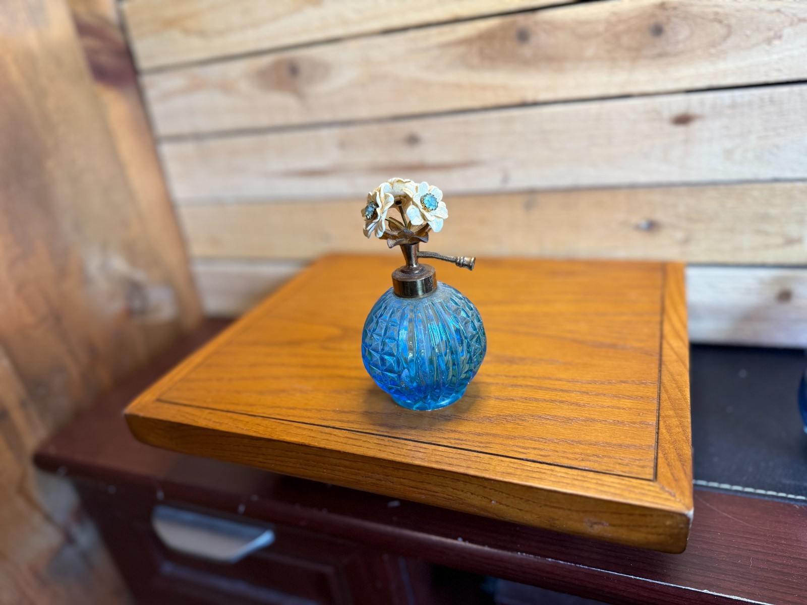 Vintage Blue Glass Perfume Atomizer Floral Rhinestone Vanity Bottle Vintage Blue Glass Perfume Atomizer Floral Rhinestone Vanity Bottle