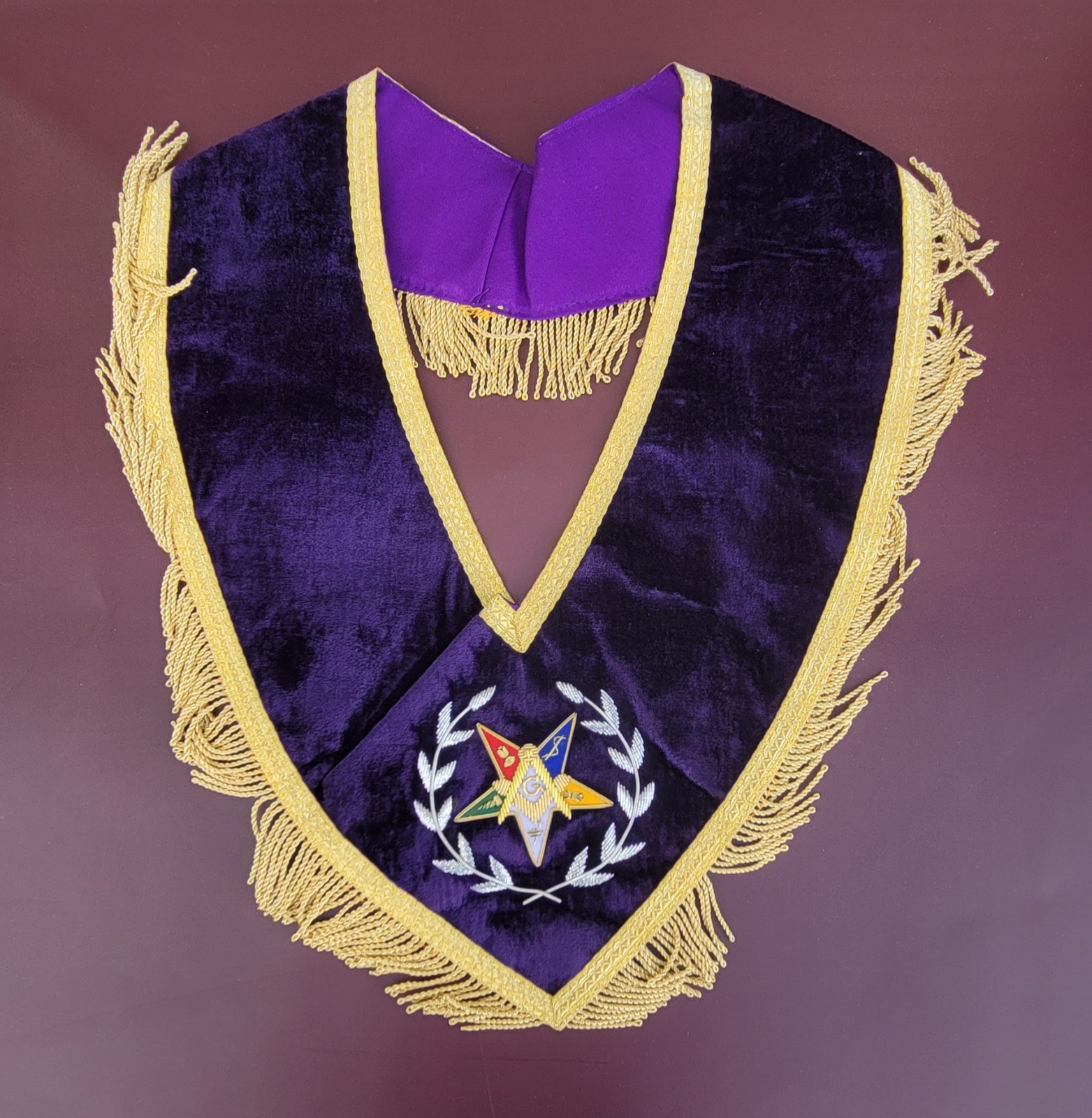 Masonic Past Grand Patron OES Collar PURPLE Velvet with Gold Mylar Fringe