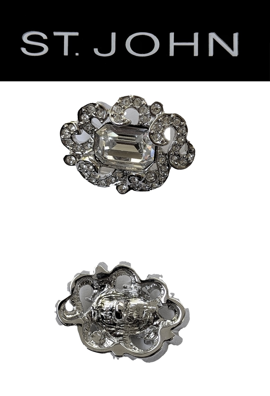 St John Knits 1.5 Inch x 1.0 inch Silver Tone Filigree Ice Crystal Shank Button