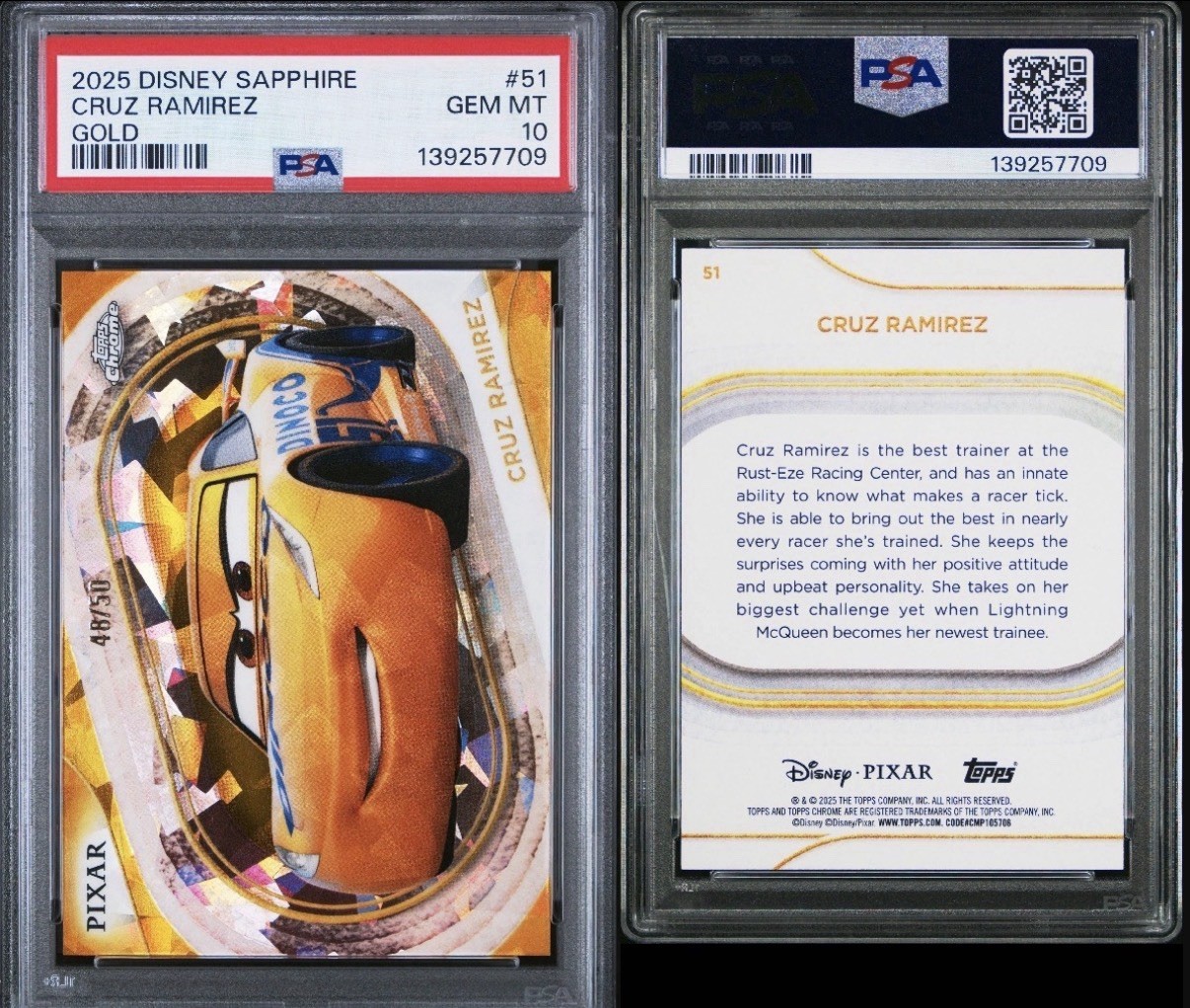 Topps 2025 Disney Sapphire Cruz Ramirez Gold #51 PSA 10 GEM MT /50