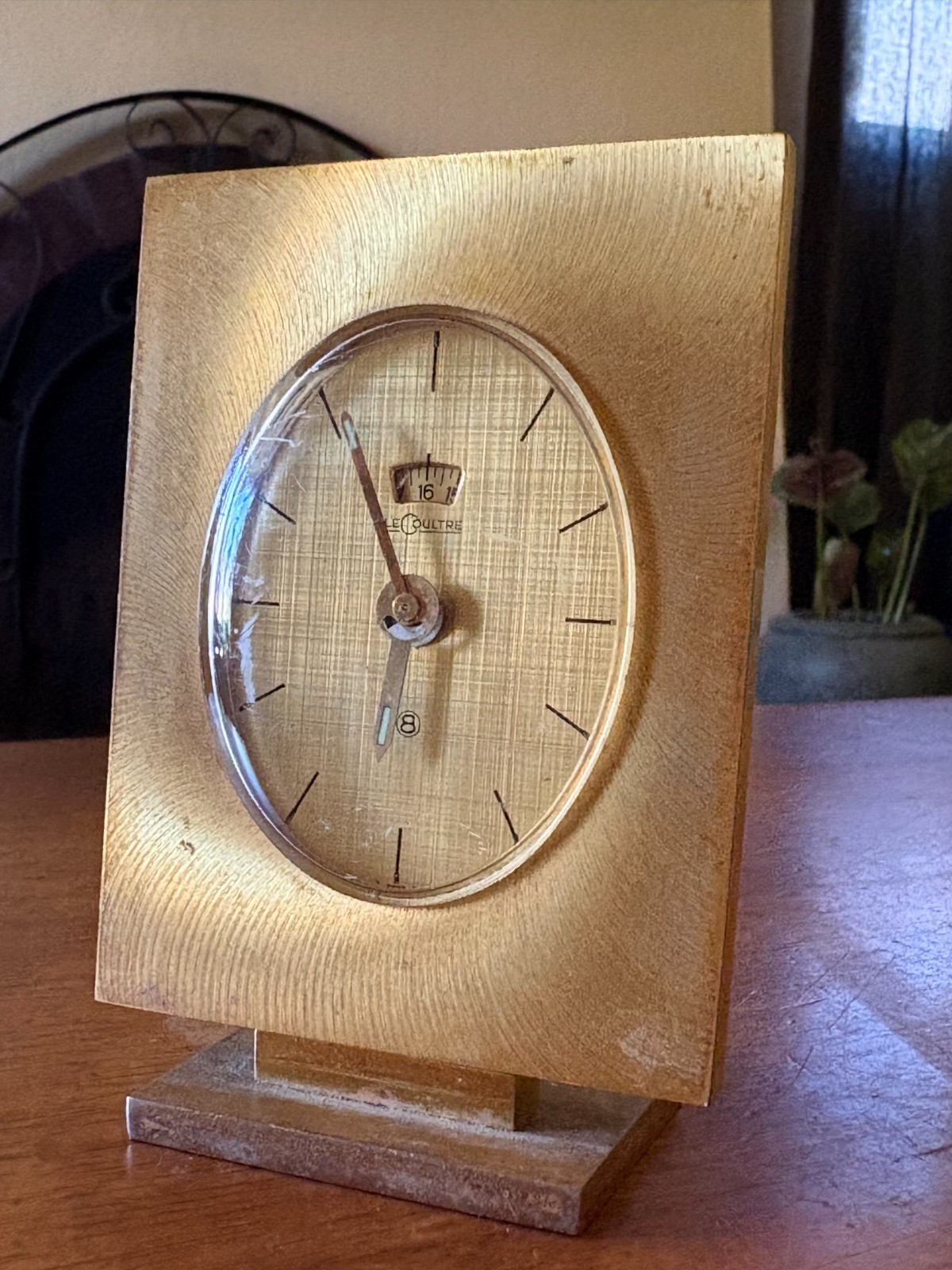 Vintage Jaeger LeCoultre 8-Day Desk Clock Brass Date Window - Running, Swiss Vintage Jaeger LeCoultre 8-Day Desk Clock Brass Date Window - Running, Swiss