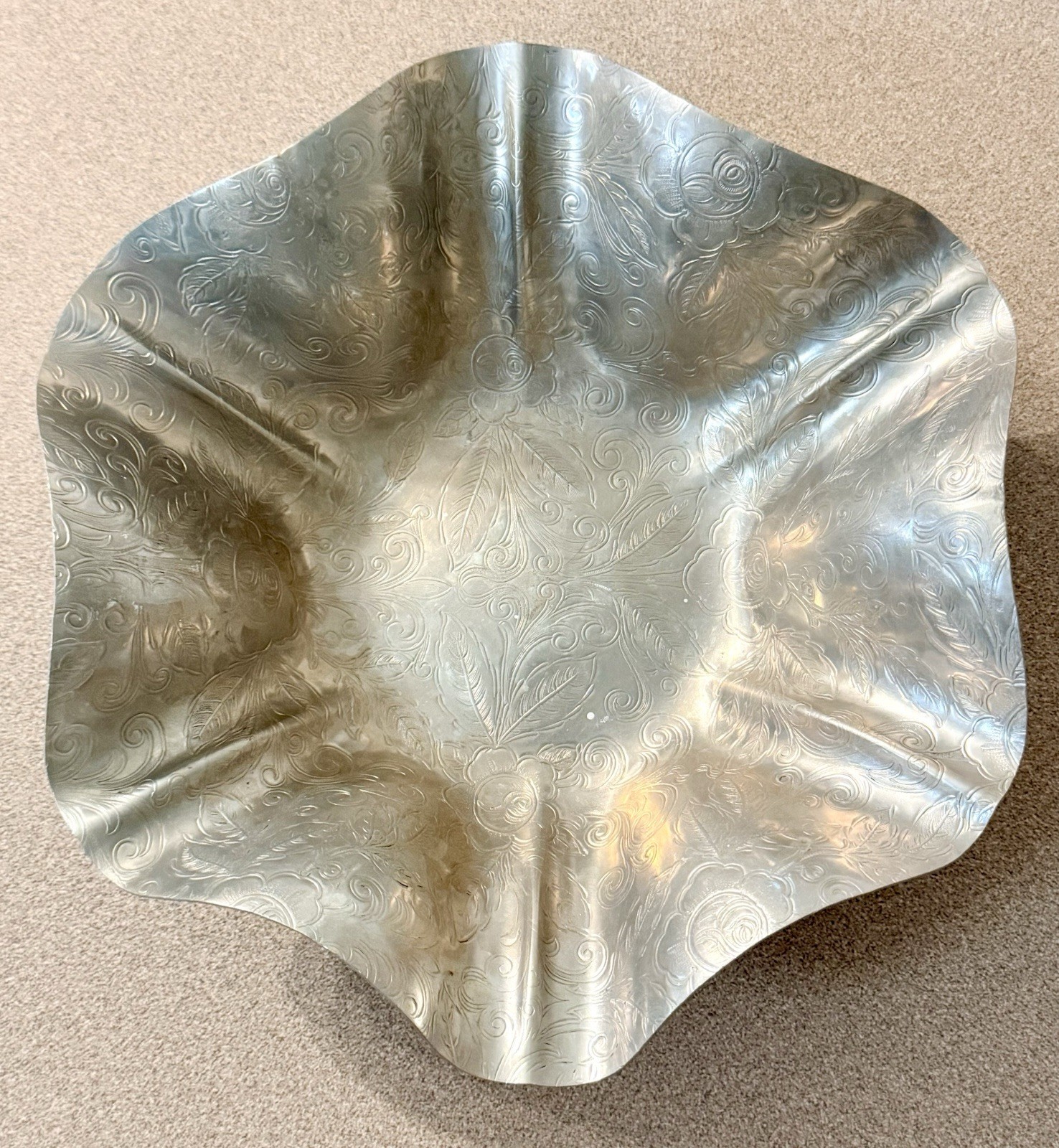 Embossed Aluminum Ruffled Bowl Rose Floral Mid Century 9" MCM VTG
