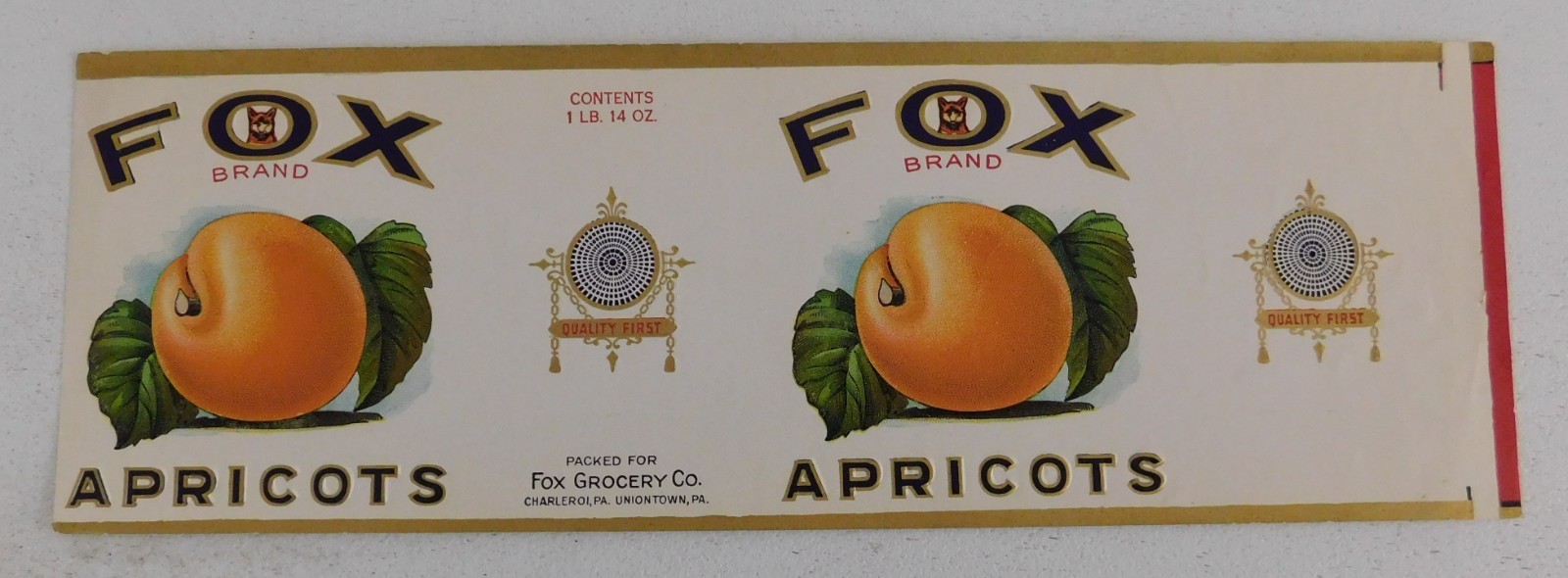 Vintage Fox Brand Apricot Can Label Charleroi & Uniontown, PA. Vintage Fox Brand Apricot Can Label Charleroi & Uniontown, PA.