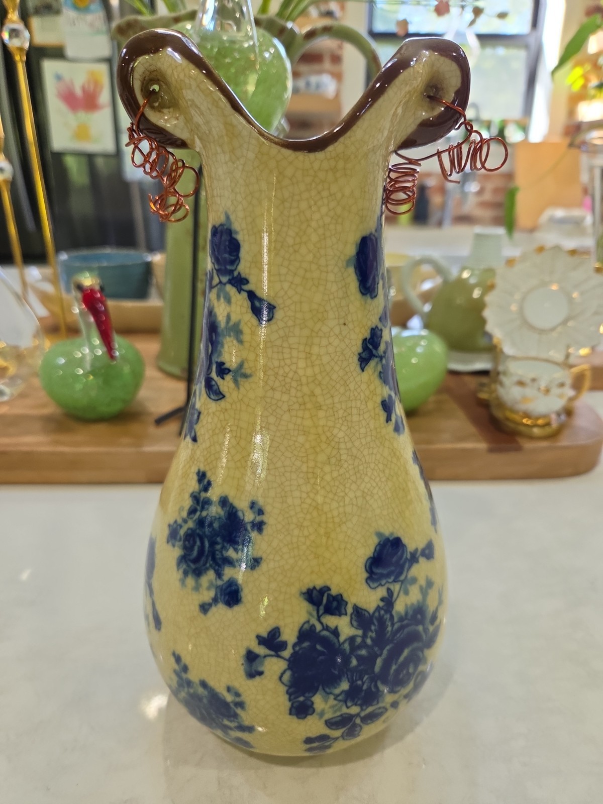 Vintage Formalities by Baum Bros Ceramic Vase Crackle Glaze Finish Blue Floral