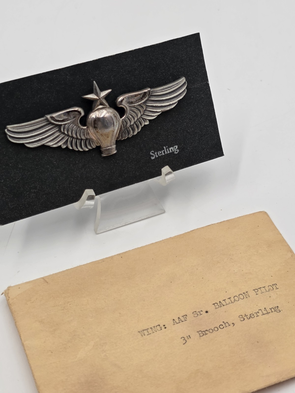 WWII USAAF Senior Balloon Pilot Wings LGB Sterling 3" Pinback W Original Package WWII USAAF Senior Balloon Pilot Wings LGB Sterling 3" Pinback W Original Package