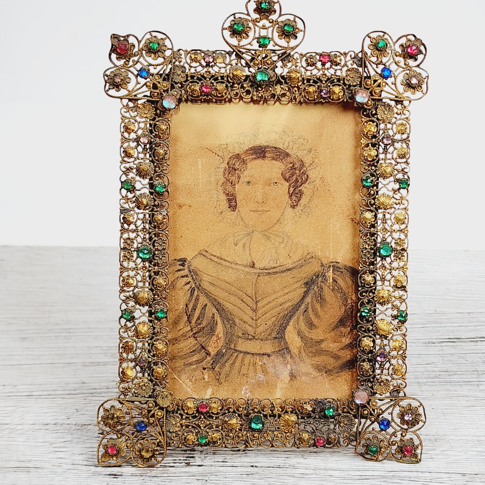 ANTIQUE JEWELED PICTURE FRAME EMPIRE SAPHIRET HAND DRAWN GIRL ART BEAUTIFUL ANTIQUE JEWELED PICTURE FRAME EMPIRE SAPHIRET HAND DRAWN GIRL ART BEAUTIFUL
