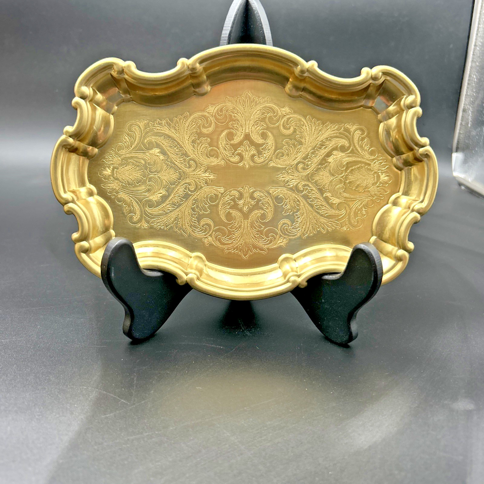 Hollywood Regency Gold Finish Etched Metal Tray 9" X 6" new old stock