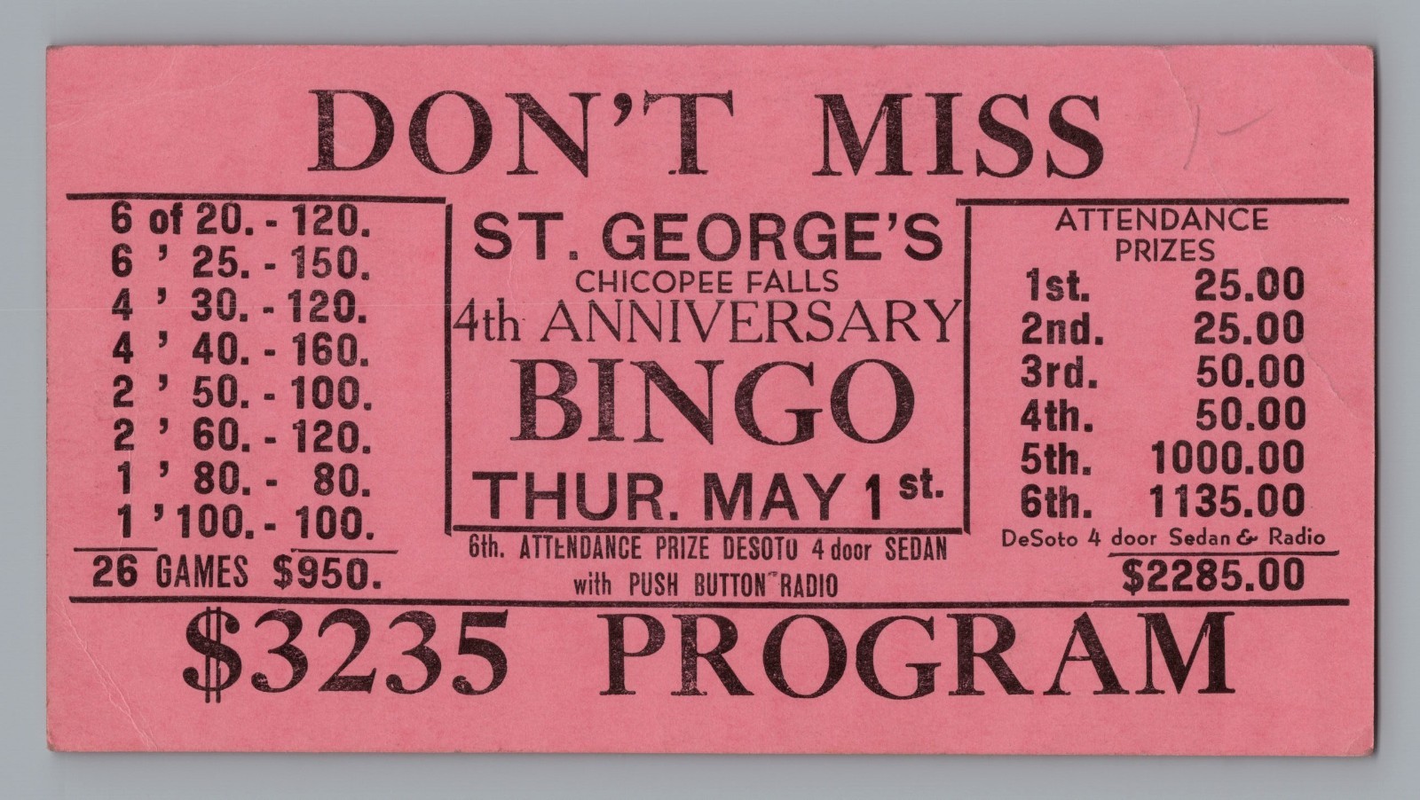 Vintage 1950s St George Bingo Program Chicopee Falls MA Scarce Ephemera Vintage 1950s St George Bingo Program Chicopee Falls MA Scarce Ephemera