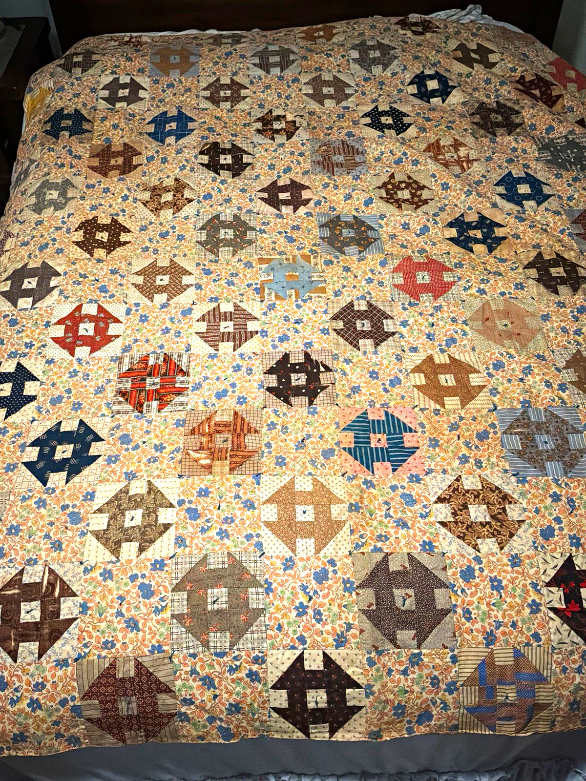 Vintage 1930s-40s Churn Dash Scrap Quilt 80x69 Cutter Feedsack Hand Pieced Vintage 1930s-40s Churn Dash Scrap Quilt 80x69 Cutter Feedsack Hand Pieced