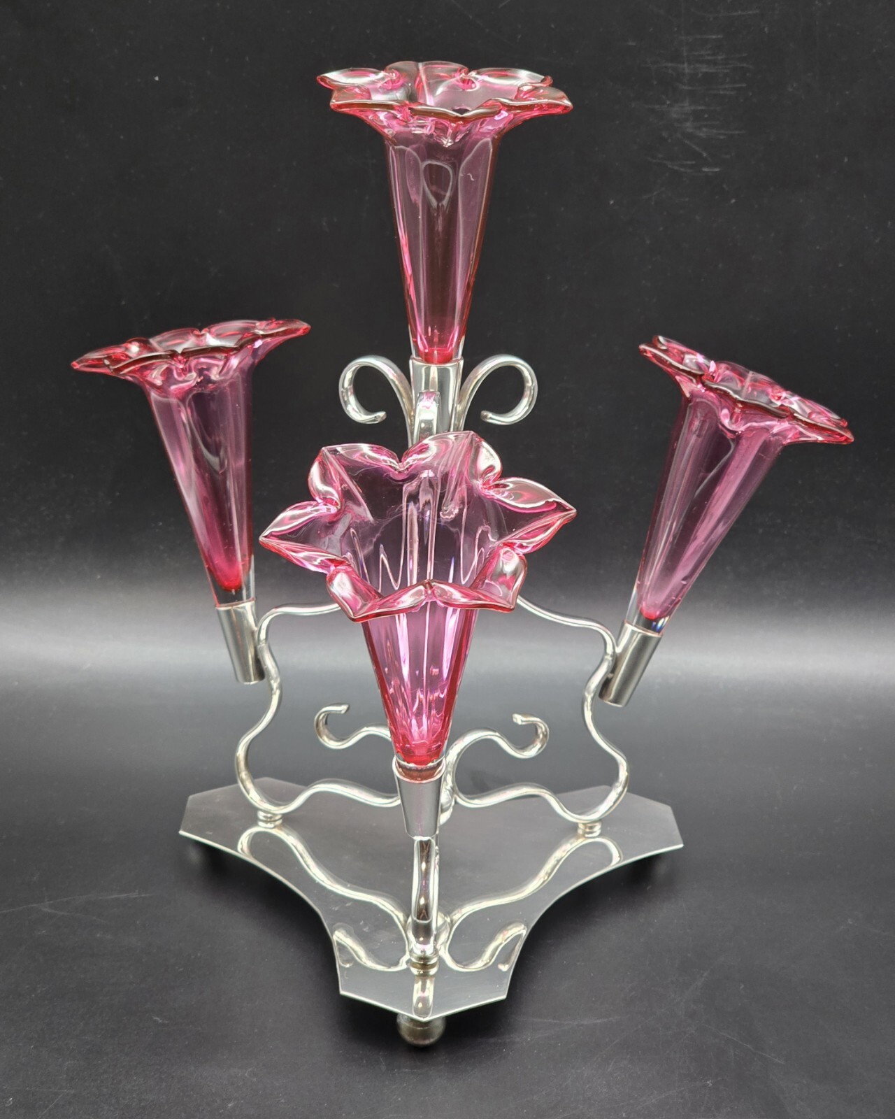 Antique Silver Plated Epergne 4 Cranberry Glass UK Sheffield JT&Co c1900–1930 Antique Silver Plated Epergne 4 Cranberry Glass UK Sheffield JT&Co c1900–1930
