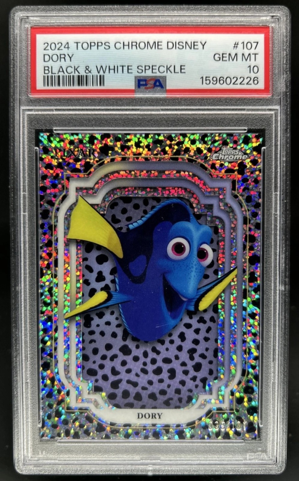 2024 Topps Chrome Disney Dory Refractor Black and White Speckle #/101 PSA 10 2024 Topps Chrome Disney Dory Refractor Black and White Speckle #/101 PSA 10