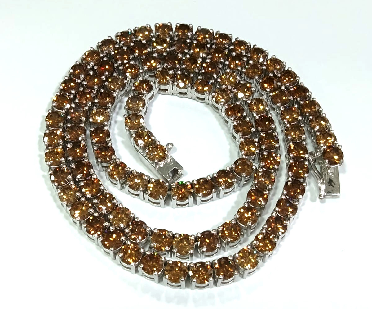 Round Cut Brown Champagne Diamond Tennis Necklace 17" In 14K White Gold Plated