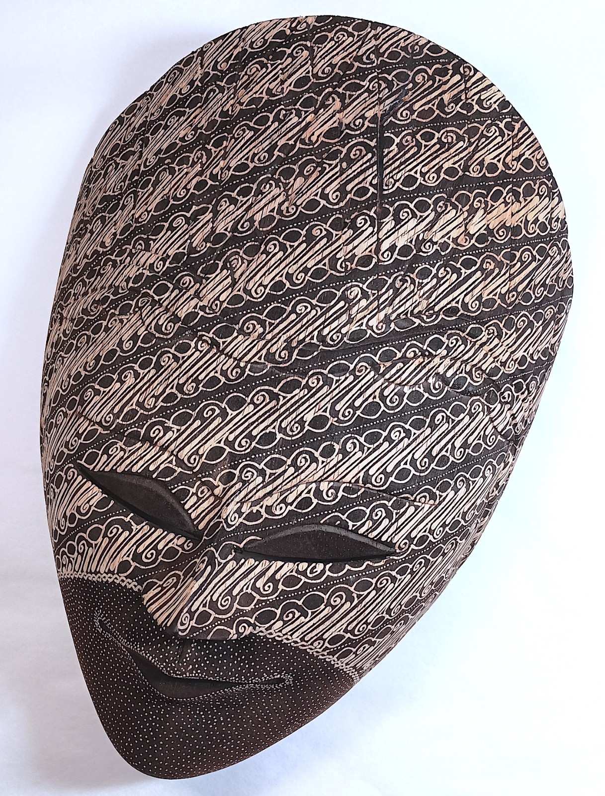 Batik Mask, Javanese, Dark Brown and White, Reduced Version,  Approx 11.5" by 9"