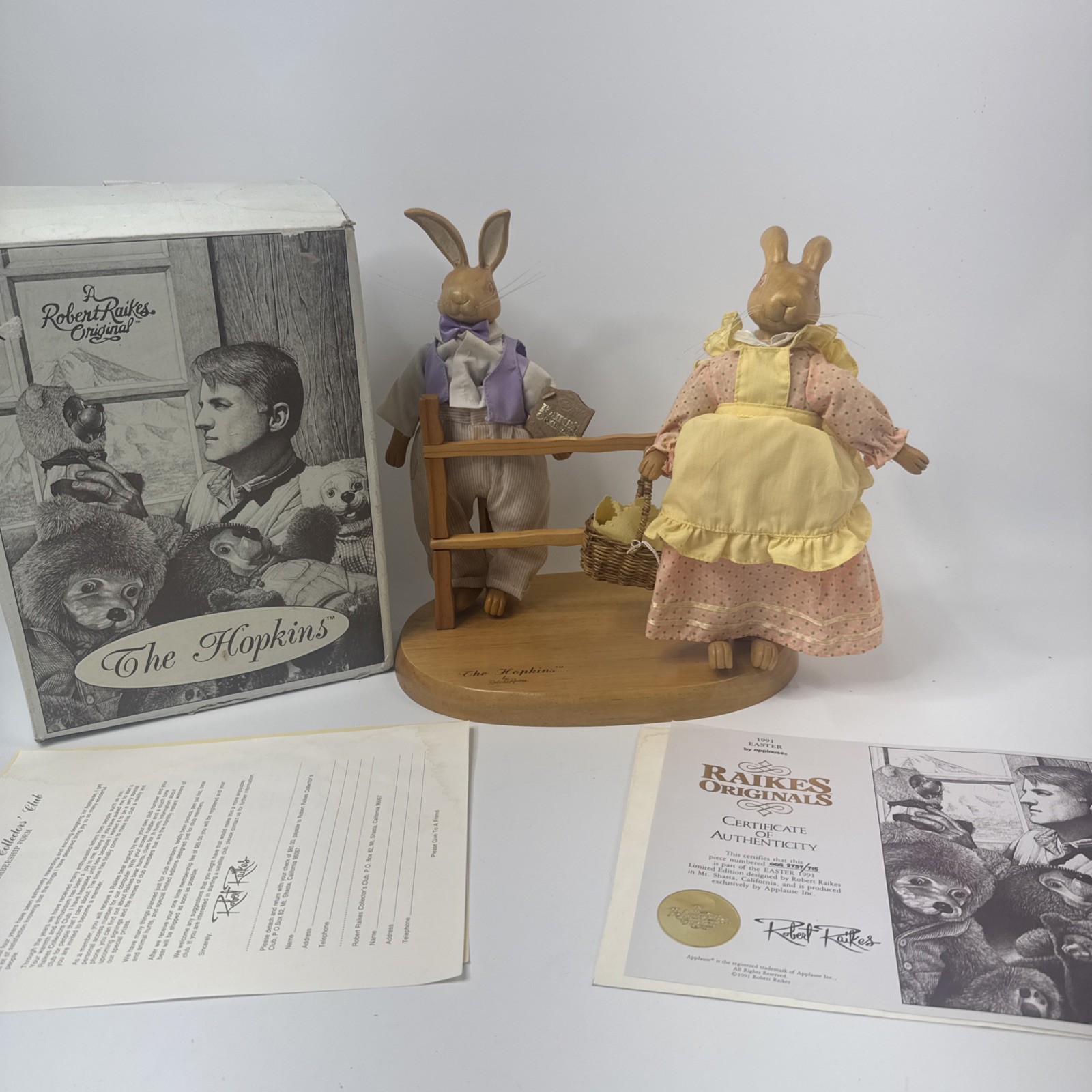 Vtg 1991 Robert Raikes Original Wood Easter Bunnies The Hopkins Orig Box and COA Vtg 1991 Robert Raikes Original Wood Easter Bunnies The Hopkins Orig Box and COA