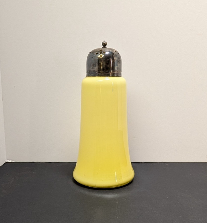 Antique Victorian Yellow Cased Glass Sterling Silver Lid Sugar Shaker Uranium Antique Victorian Yellow Cased Glass Sterling Silver Lid Sugar Shaker Uranium