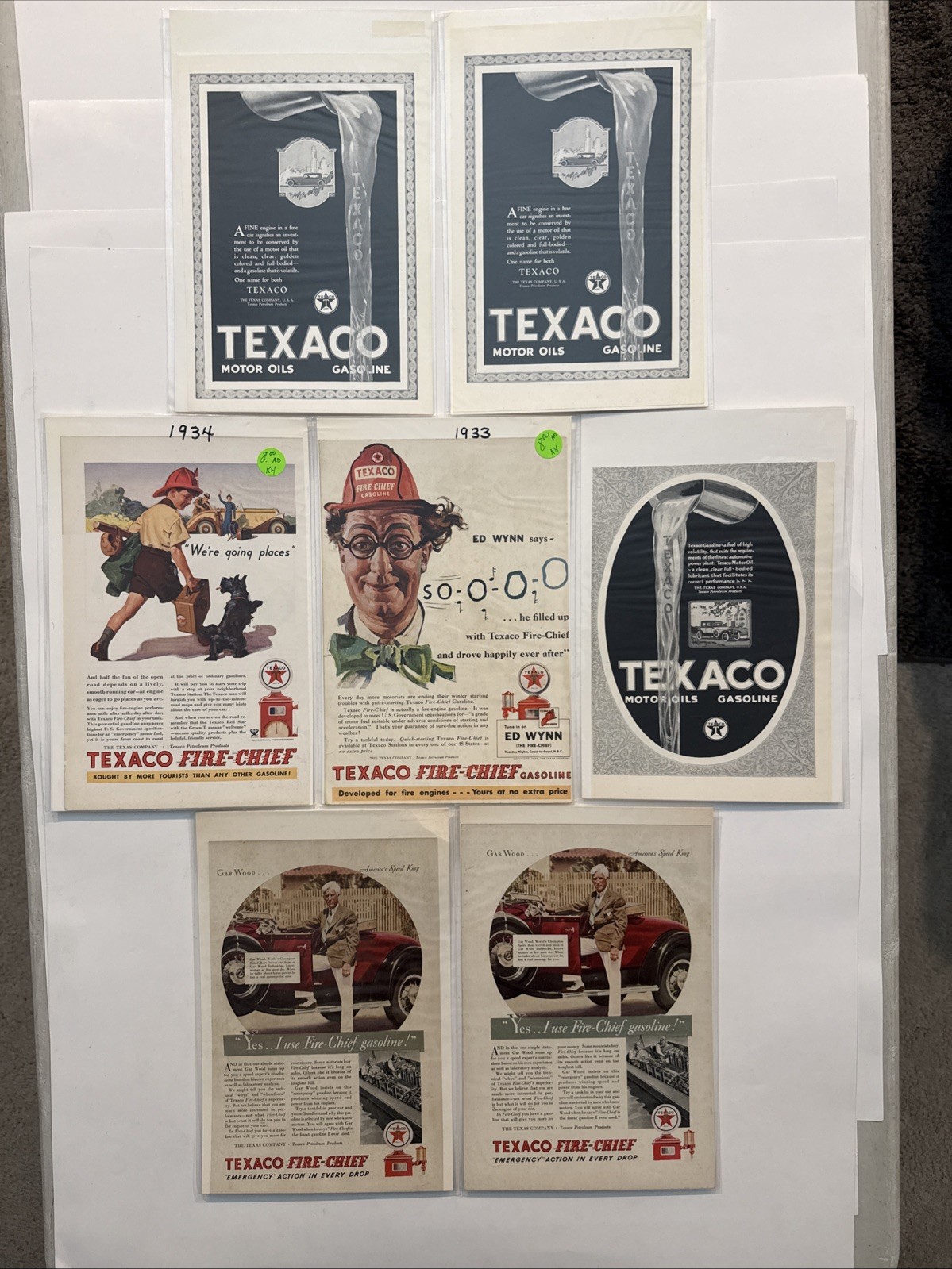 Lot 7 Original Texaco Fire-Chief Gasoline Print Ads 1923-1934 Ed Wynn Gar Wood