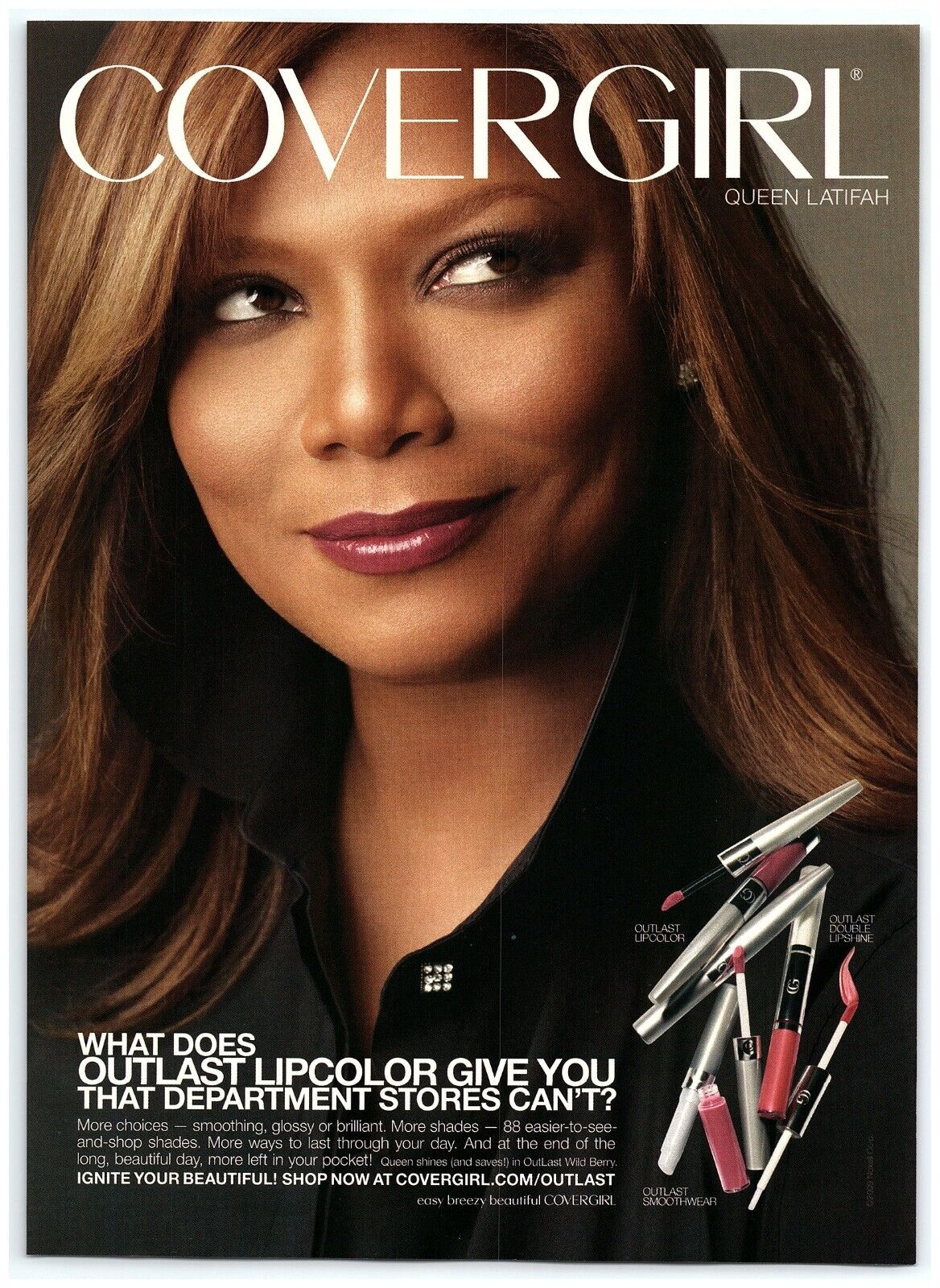 2009 Covergirl Outlast Makeup Print Ad, Queen Latifah LipColor double LipShine