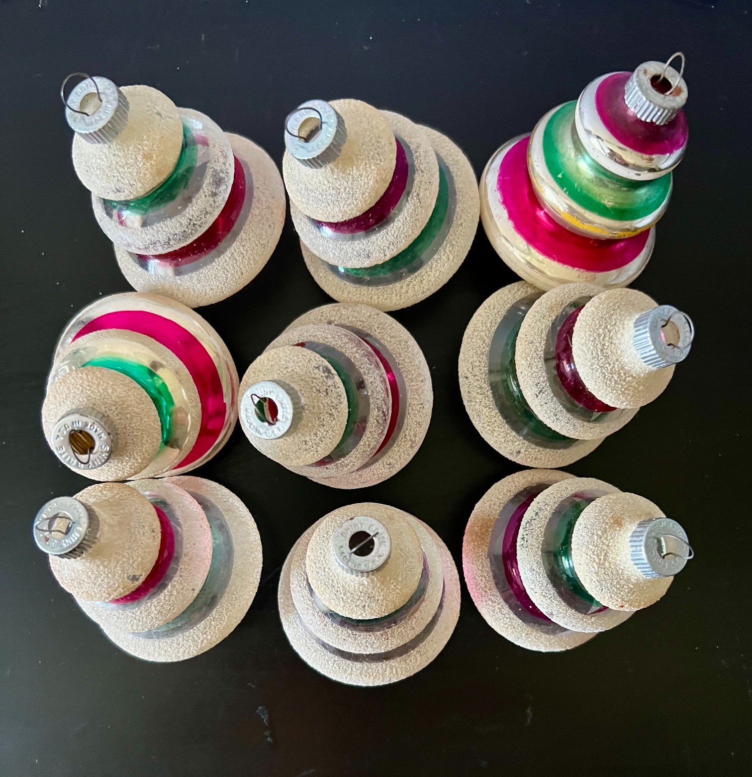 9 Vintage Shiny Brite Glass Christmas Ornaments UFO Tornado Lantern Stripes 3” 9 Vintage Shiny Brite Glass Christmas Ornaments UFO Tornado Lantern Stripes 3”