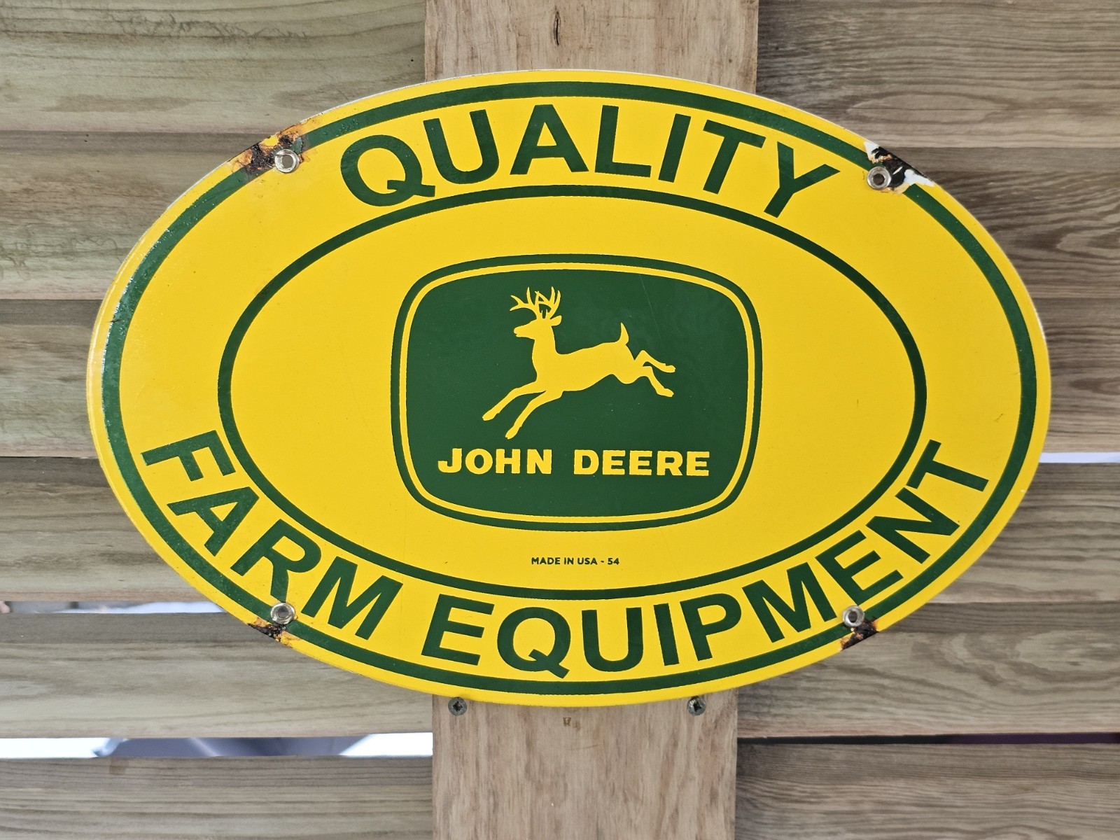 VINTAGE JOHN DEERE 1954 QUALITY FARM EQUIPMENT PORCELAIN SIGN TRACTORS 16.5"x11" VINTAGE JOHN DEERE 1954 QUALITY FARM EQUIPMENT PORCELAIN SIGN TRACTORS 16.5"x11"