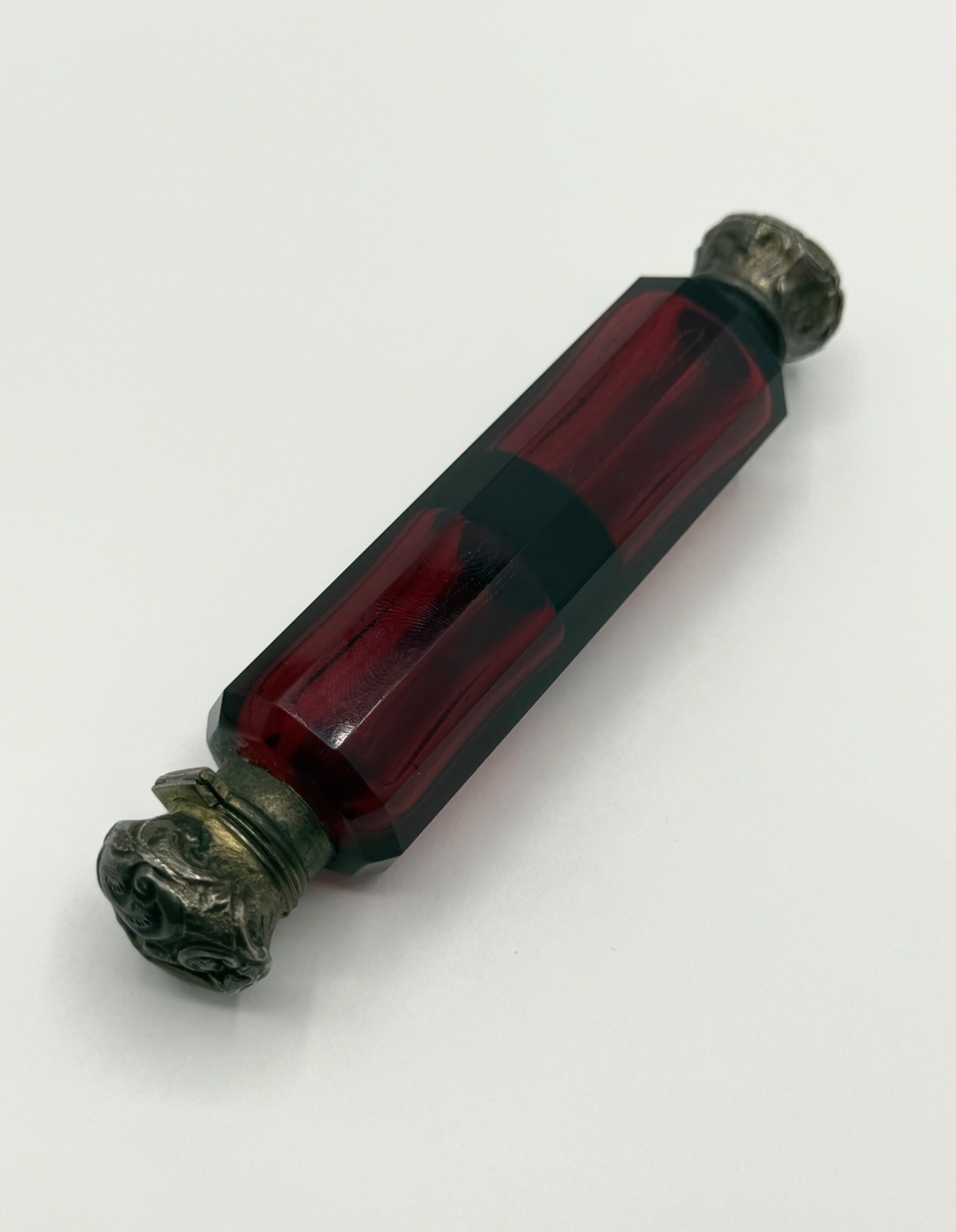 Antique Victorian Ruby Red Glass & Sterling Caps Double Ended Scent Bottle 5”