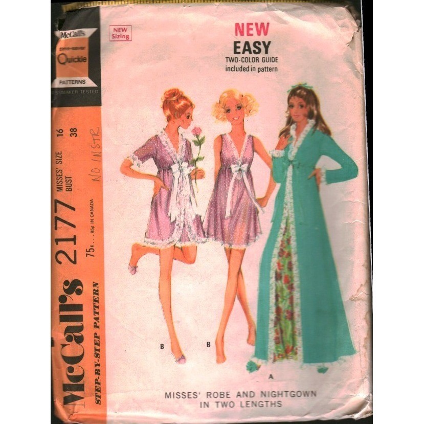 Vintage 1969 McCalls 2177 Misses Robe Nightgown Sewing Pattern Size 16 Bust 38 Vintage 1969 McCalls 2177 Misses Robe Nightgown Sewing Pattern Size 16 Bust 38