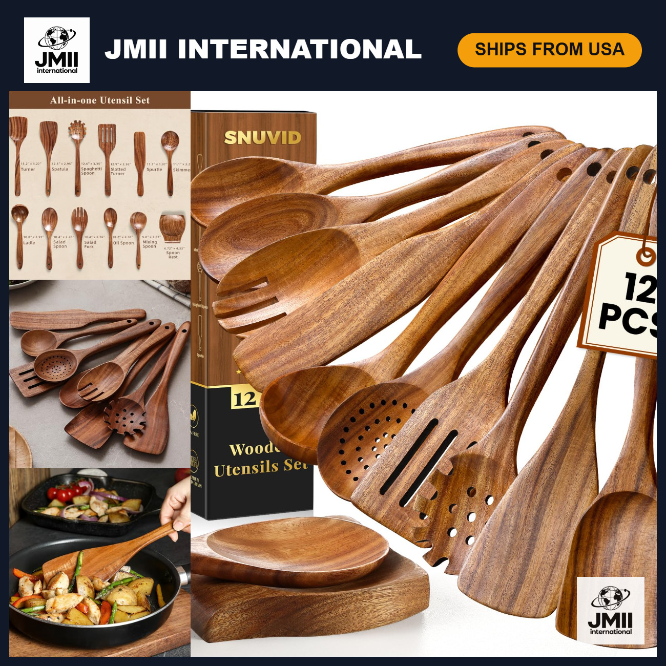 Wooden Spoons for Cooking, 12 Pcs Teak Wood Kitchen Utensils Set with Spoon Rest