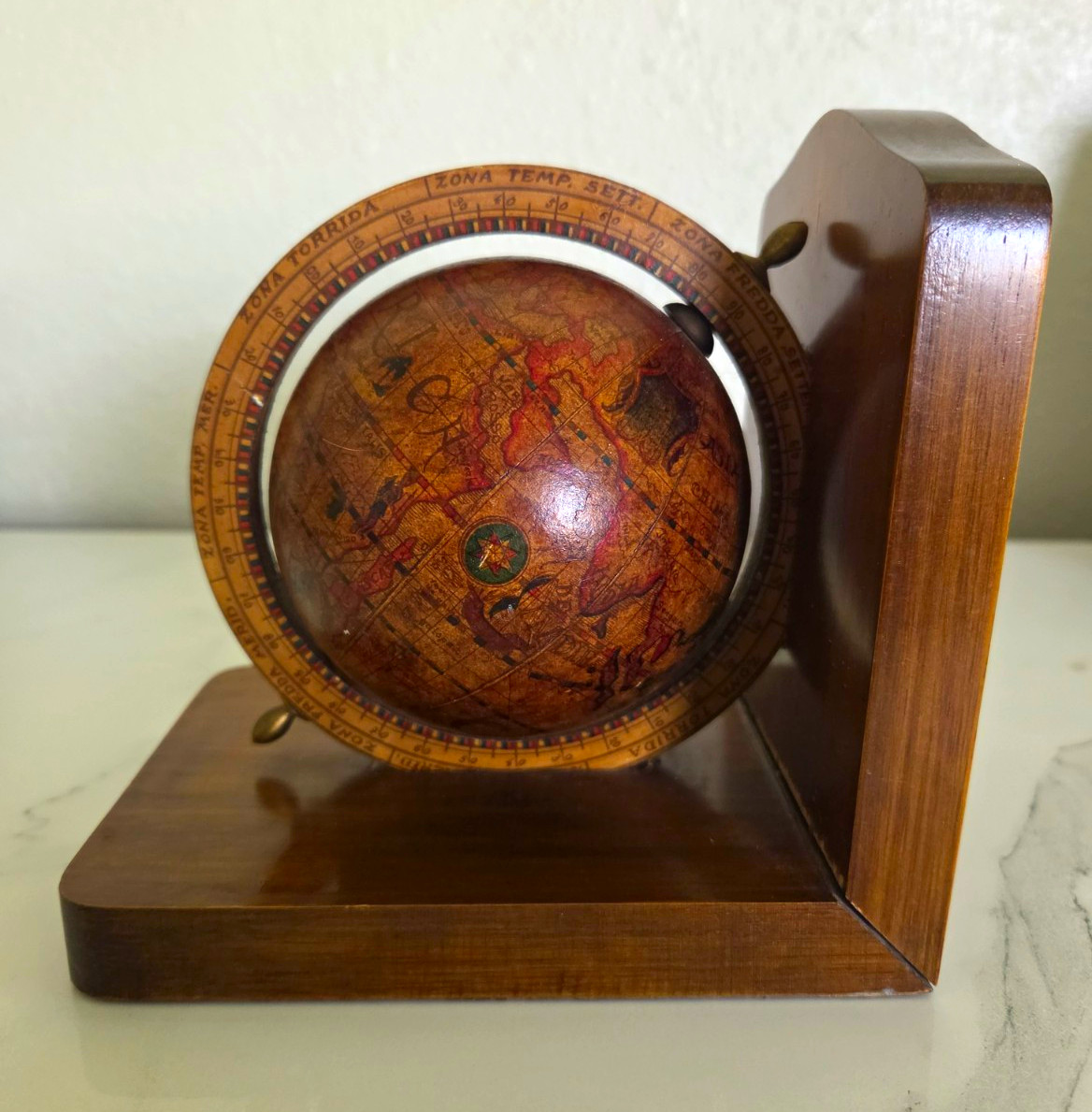 Vintage PT Olde World Globe Bookend Made In Italy Mid Century Wooden Single 6"