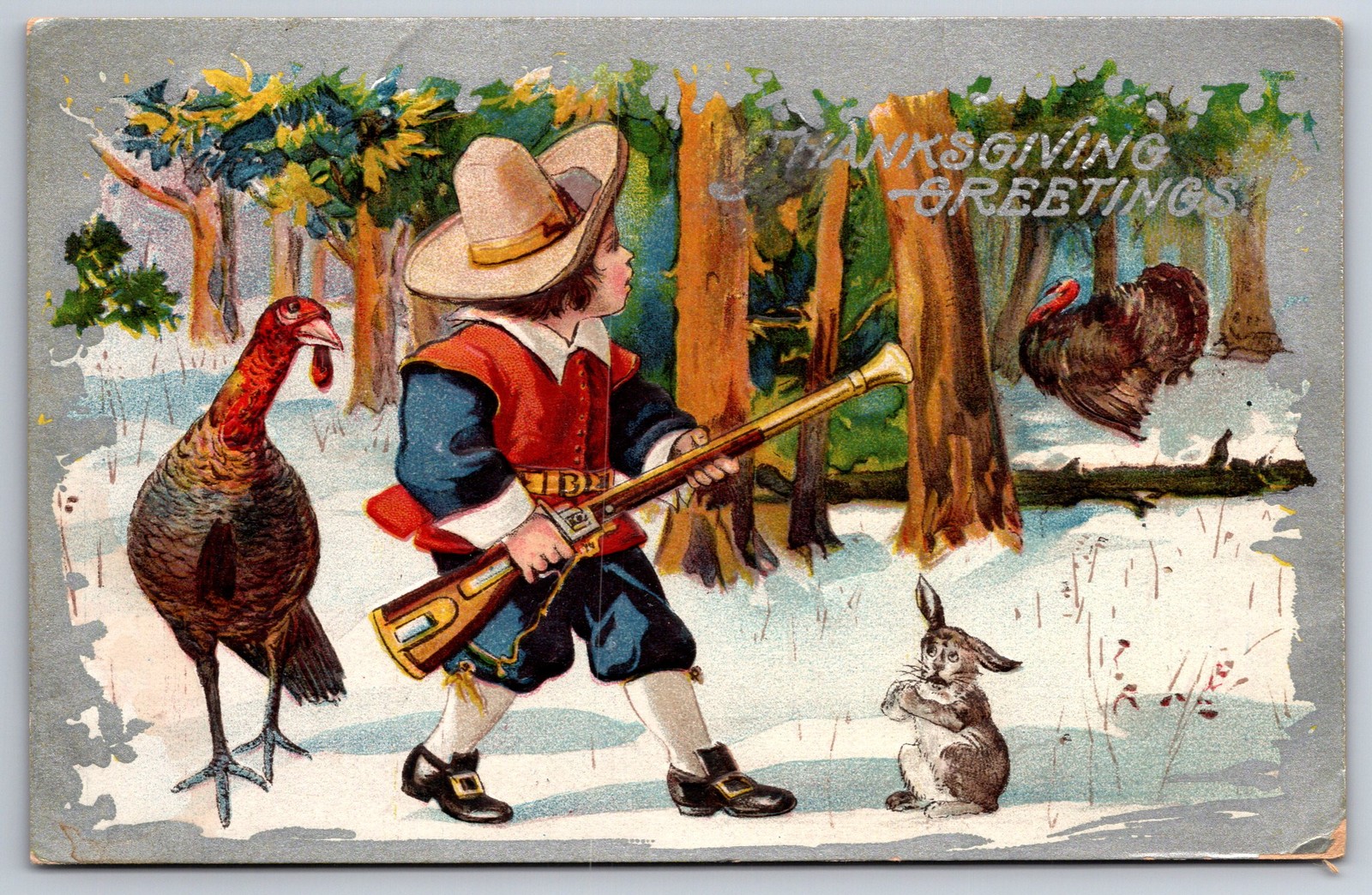 Thanksgiving~Boy w/Blunderbuss Hunts Turkey~Hen Behind~Bunny Beg~Silver Back~AMP Thanksgiving~Boy w/Blunderbuss Hunts Turkey~Hen Behind~Bunny Beg~Silver Back~AMP