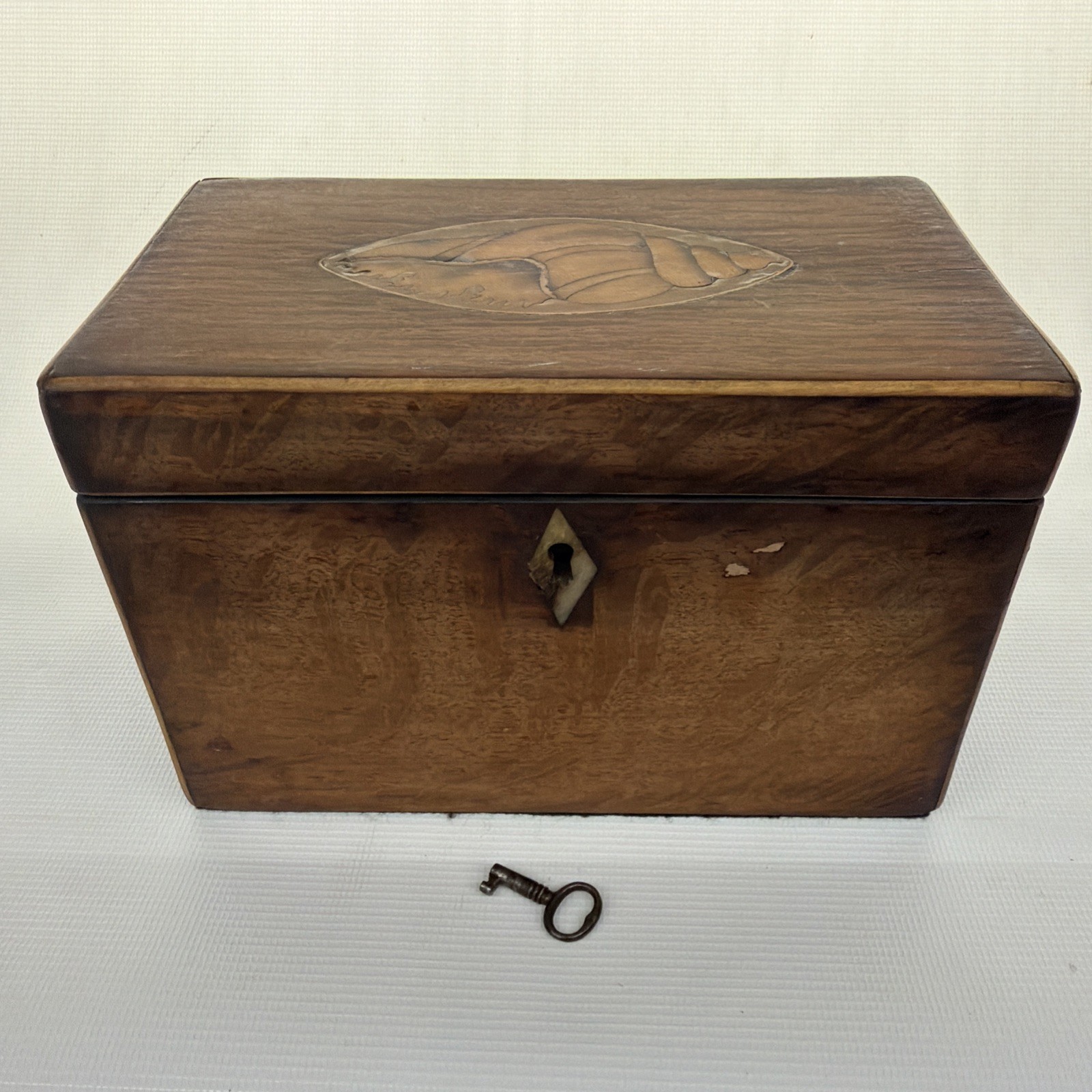 Antique Georgian Inlaid Design Two Compartment Tea Caddy With key Antique Georgian Inlaid Design Two Compartment Tea Caddy With key
