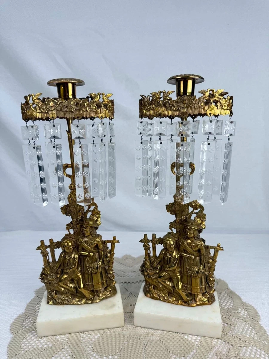 Antique Pair Girandole Candlesticks Crystal Prisms Marble Bases 14.5" RARE Antique Pair Girandole Candlesticks Crystal Prisms Marble Bases 14.5" RARE