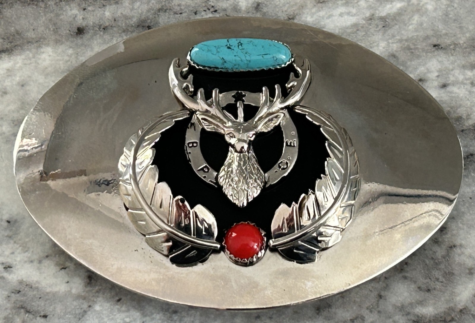 Vintage BPOE Elks Lodge Belt Buckle Turquoise Coral Native Western Bennet Co BC Vintage BPOE Elks Lodge Belt Buckle Turquoise Coral Native Western Bennet Co BC