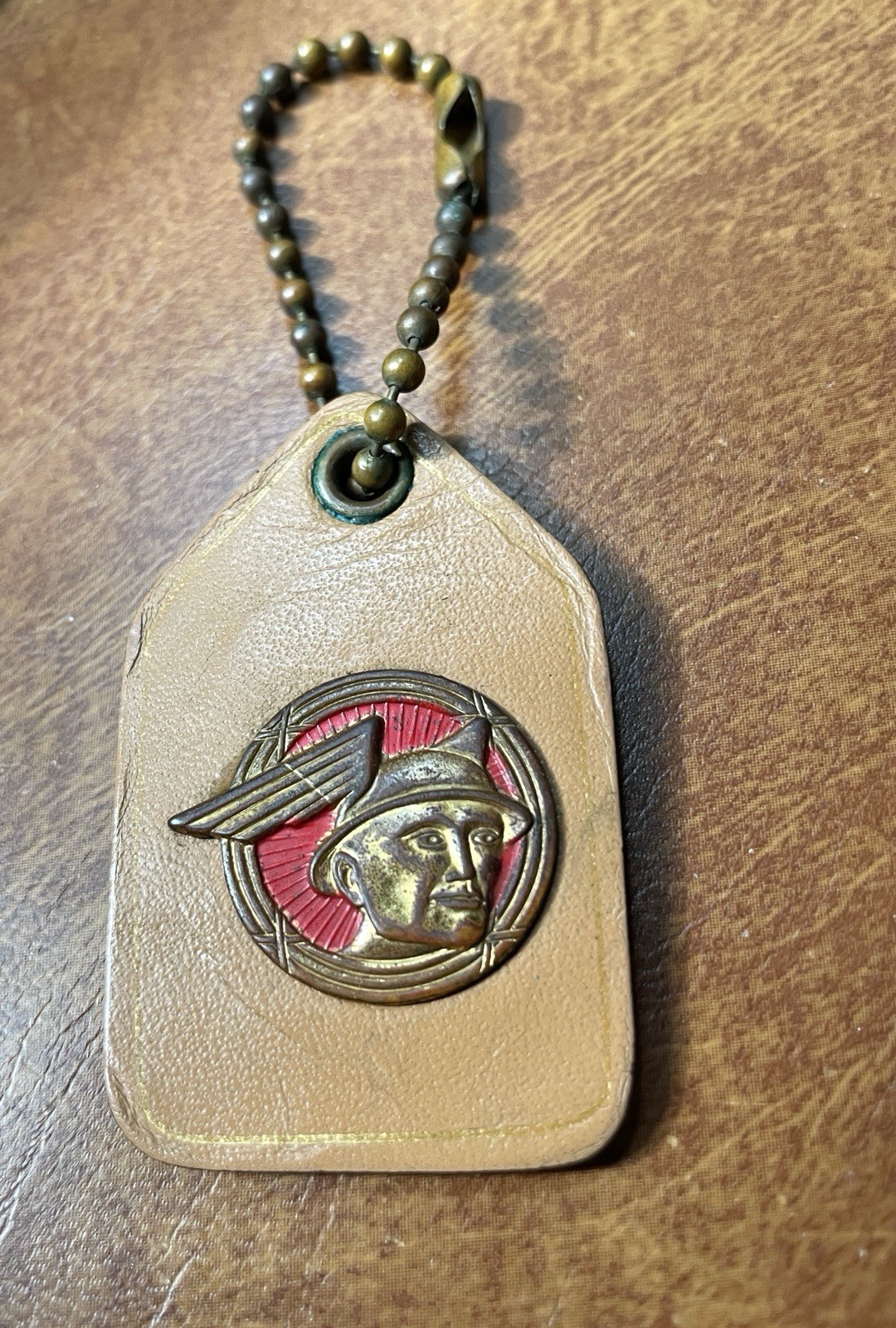 Vintage Mercury Car Key Ring Chain – Leather Backed Red Gold Winged Helmet Logo Vintage Mercury Car Key Ring Chain – Leather Backed Red Gold Winged Helmet Logo
